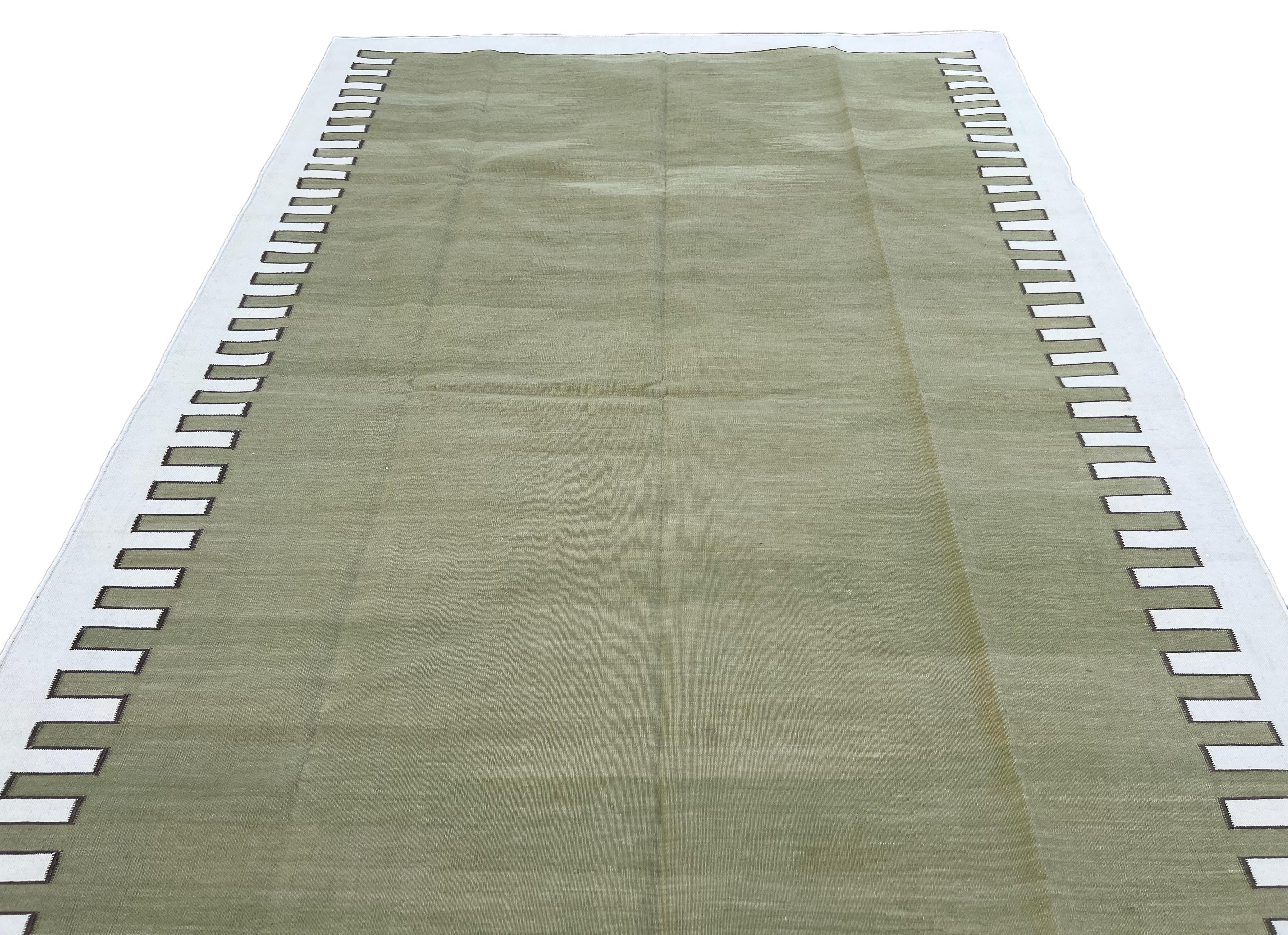 Handmade Cotton Area Flat Weave Rug, Olive Green & Cream Zig Zag Striped Dhurrie For Sale 2