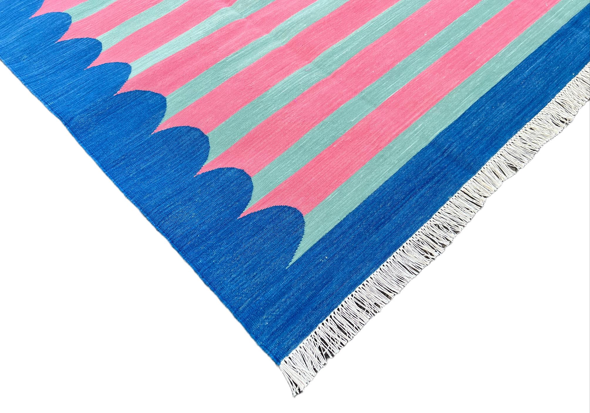 Mid-Century Modern Handmade Cotton Area Flat Weave Rug, Pink And Blue Scalloped Striped Dhurrie Rug For Sale