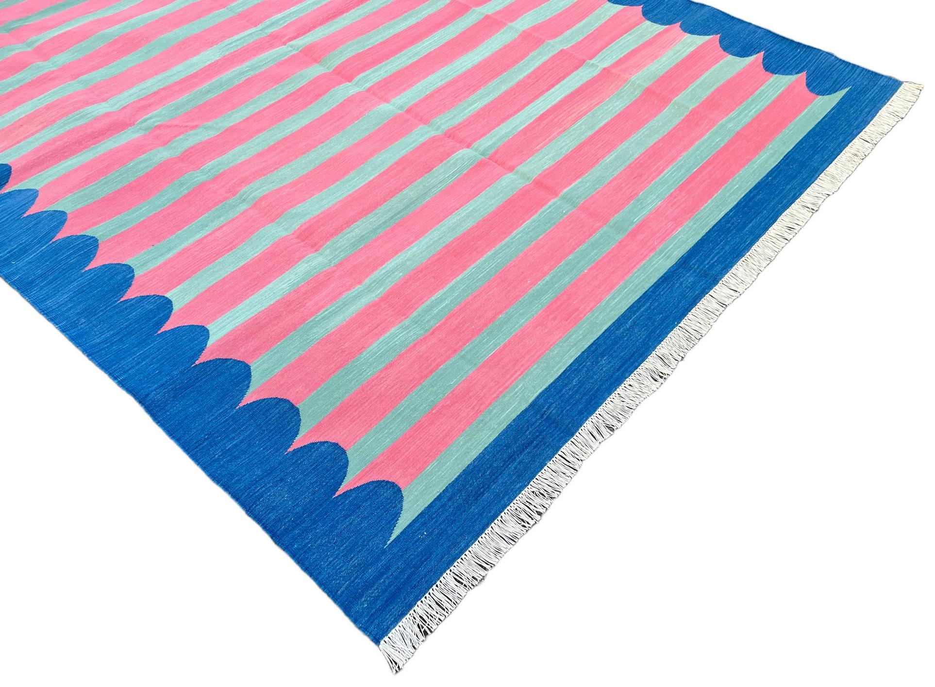 Indian Handmade Cotton Area Flat Weave Rug, Pink And Blue Scalloped Striped Dhurrie Rug For Sale