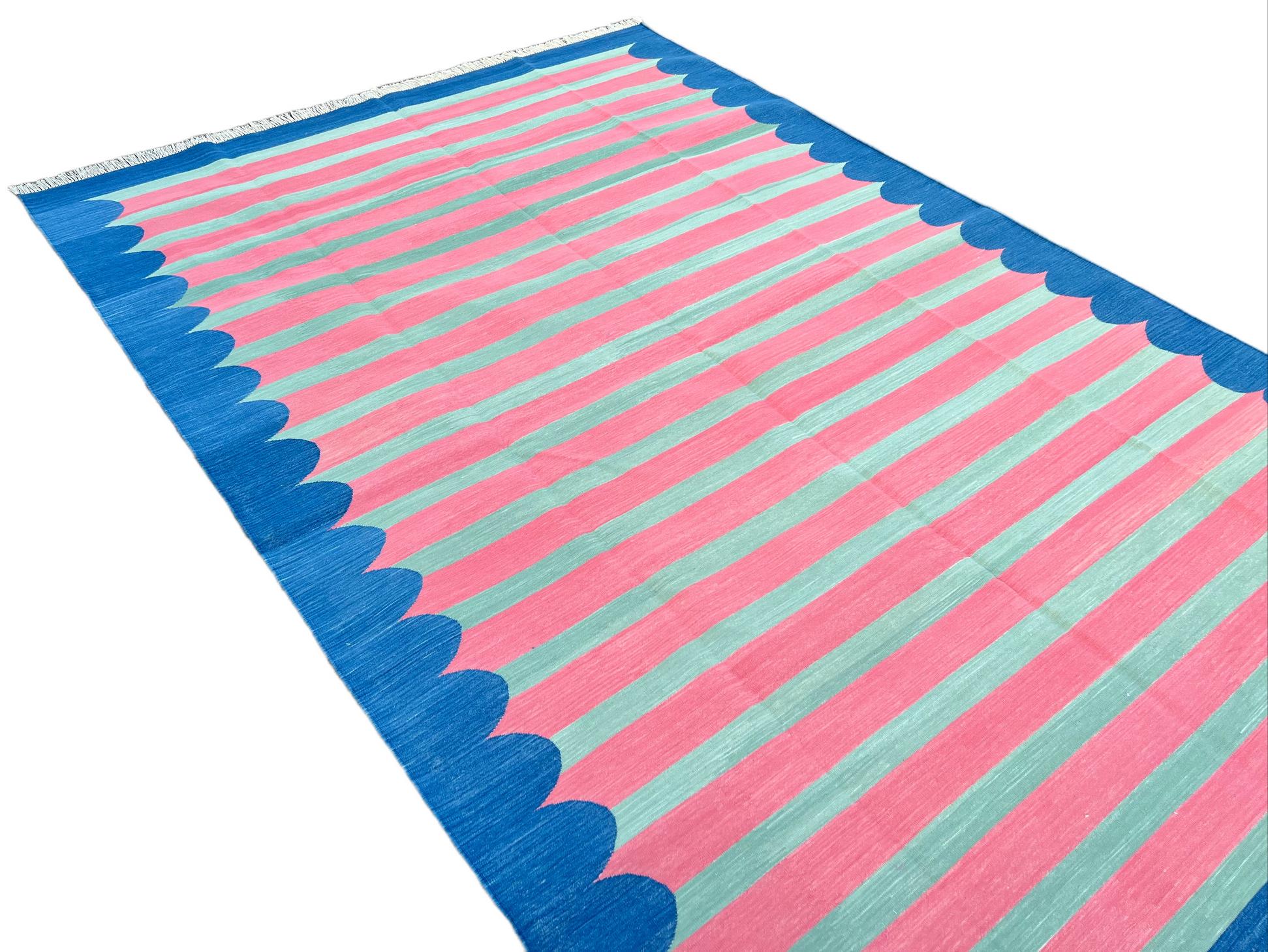 Hand-Woven Handmade Cotton Area Flat Weave Rug, Pink And Blue Scalloped Striped Dhurrie Rug For Sale