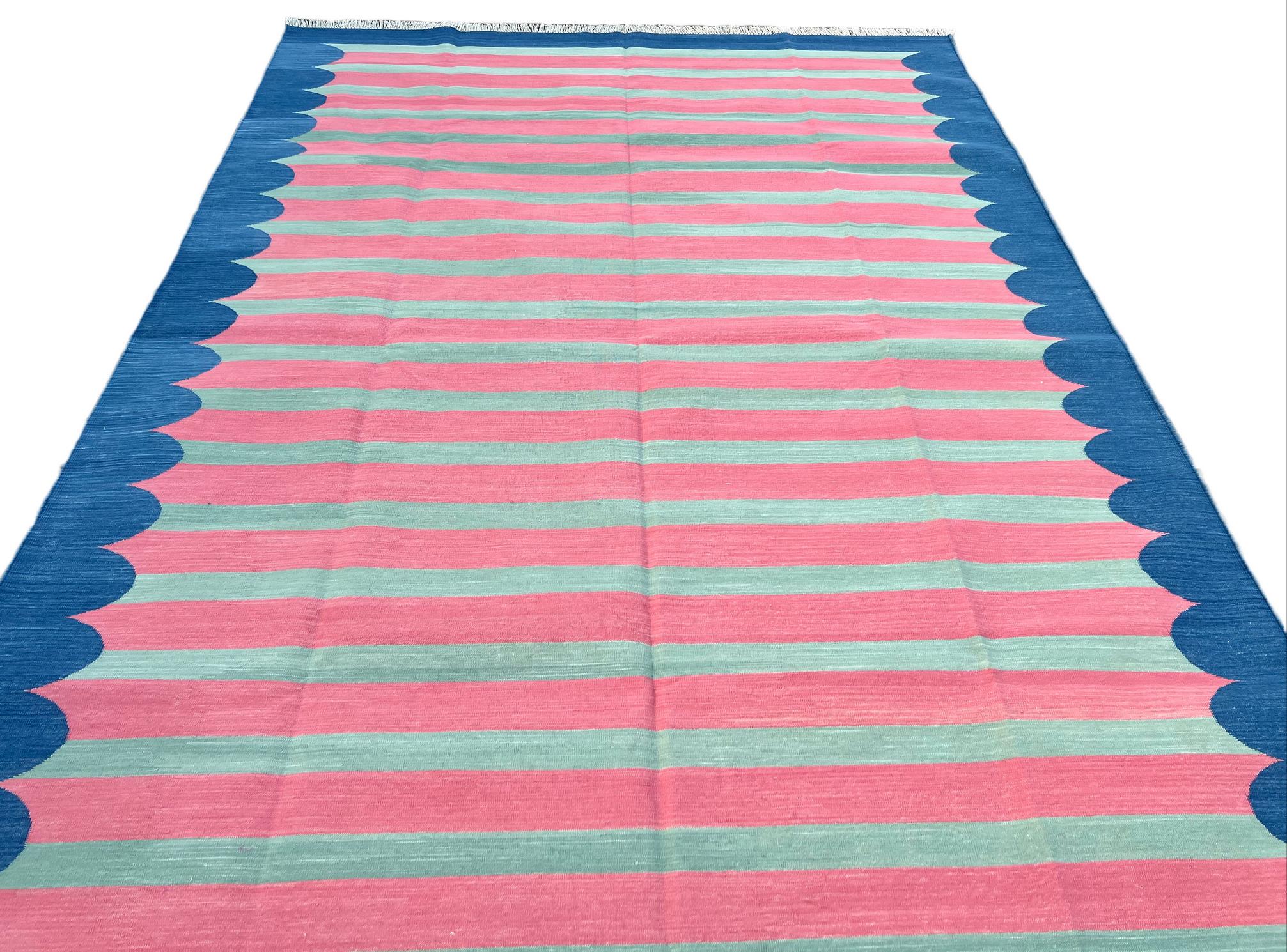 Contemporary Handmade Cotton Area Flat Weave Rug, Pink And Blue Scalloped Striped Dhurrie Rug For Sale