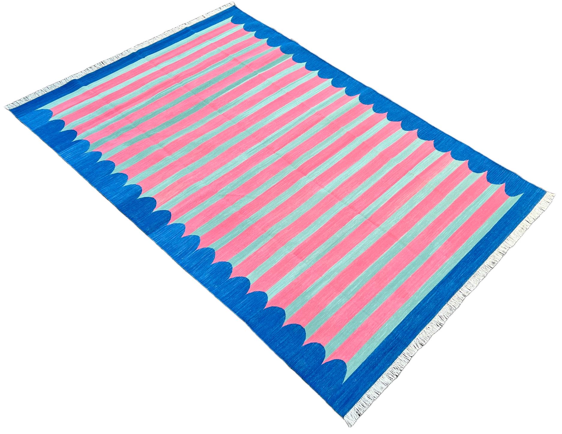 Handmade Cotton Area Flat Weave Rug, Pink And Blue Scalloped Striped Dhurrie Rug For Sale 1