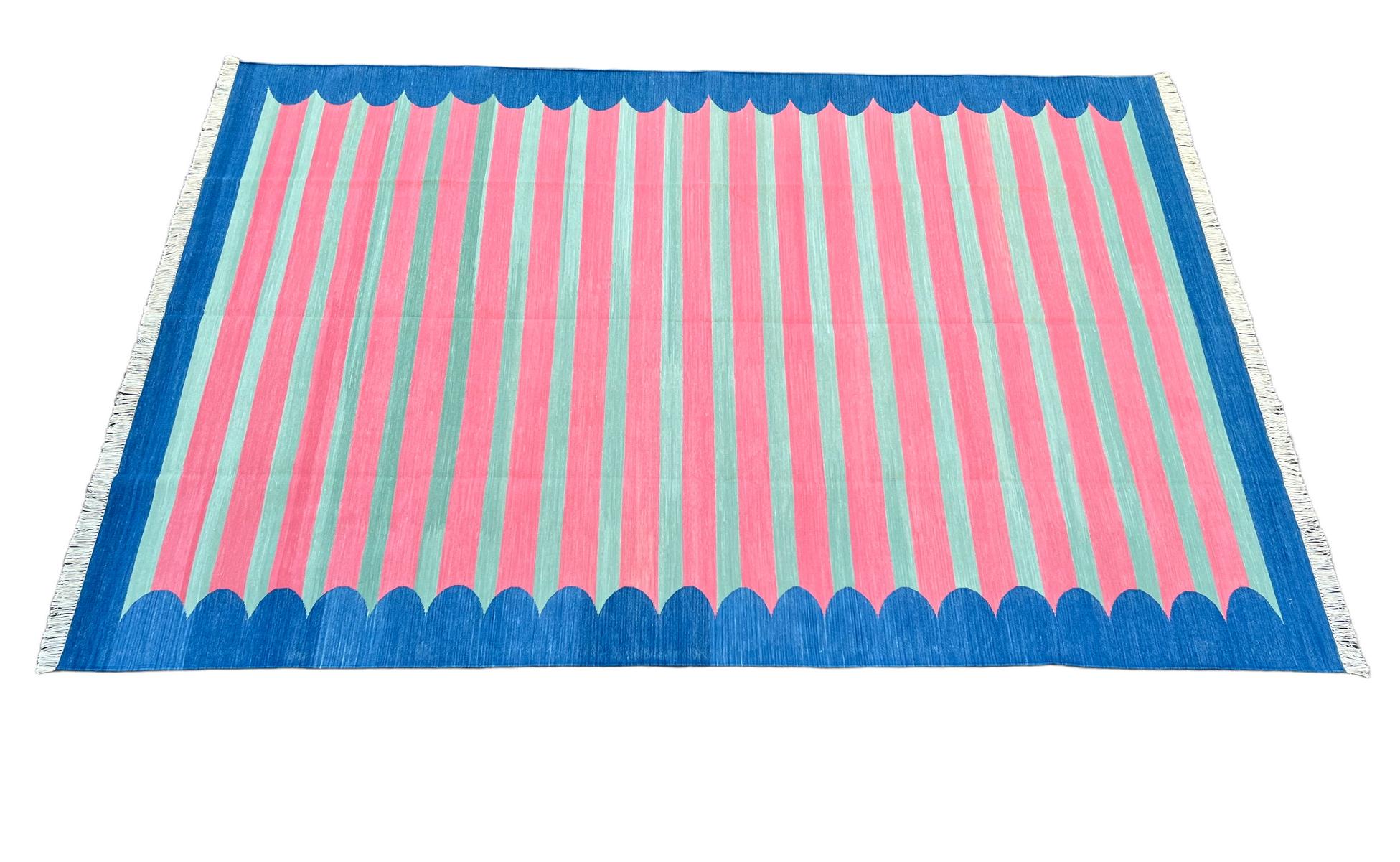 Handmade Cotton Area Flat Weave Rug, Pink And Blue Scalloped Striped Dhurrie Rug For Sale 2
