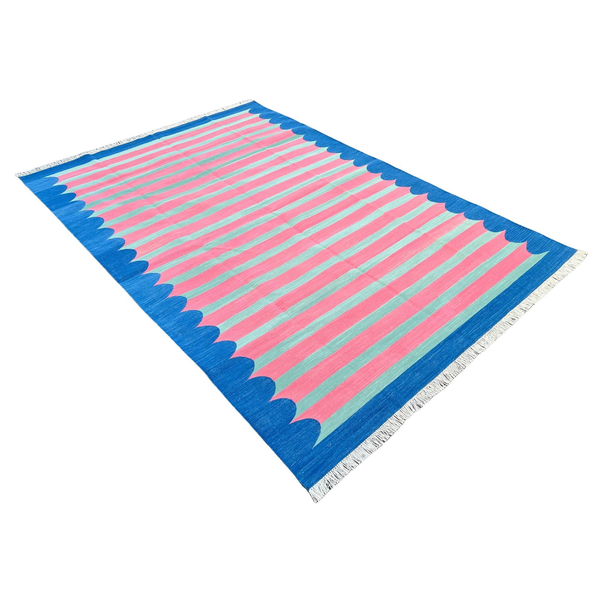 Handmade Cotton Area Flat Weave Rug, Pink And Blue Scalloped Striped Dhurrie Rug For Sale