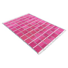Handgefertigter Flachgewebe-Teppich aus Baumwolle, rosa, grünes Fensterkaro Indischer Dhurrie