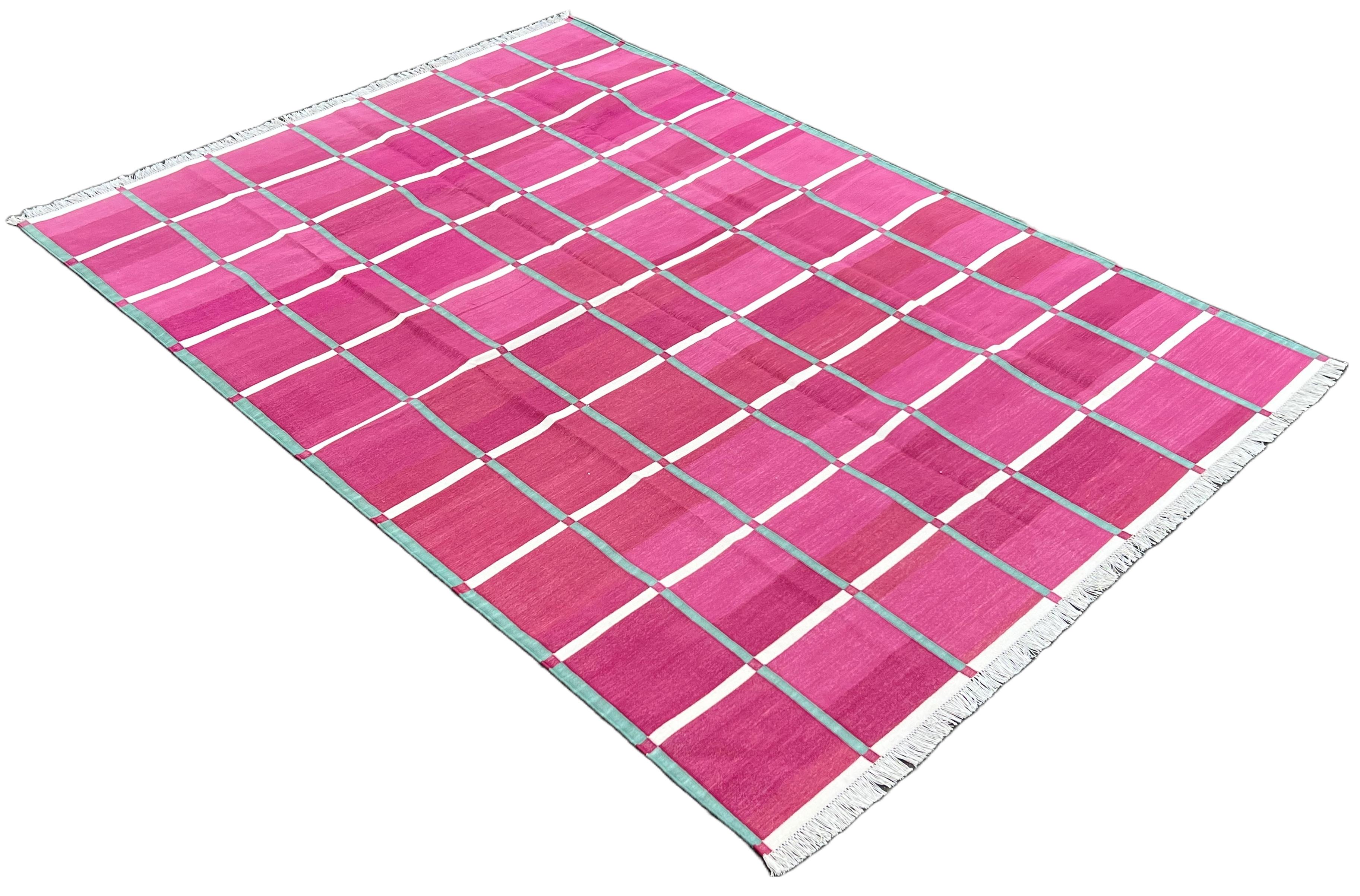 Mid-Century Modern Handmade Cotton Area Flat Weave Rug, Pink, Green Windowpane Check Indian Dhurrie For Sale