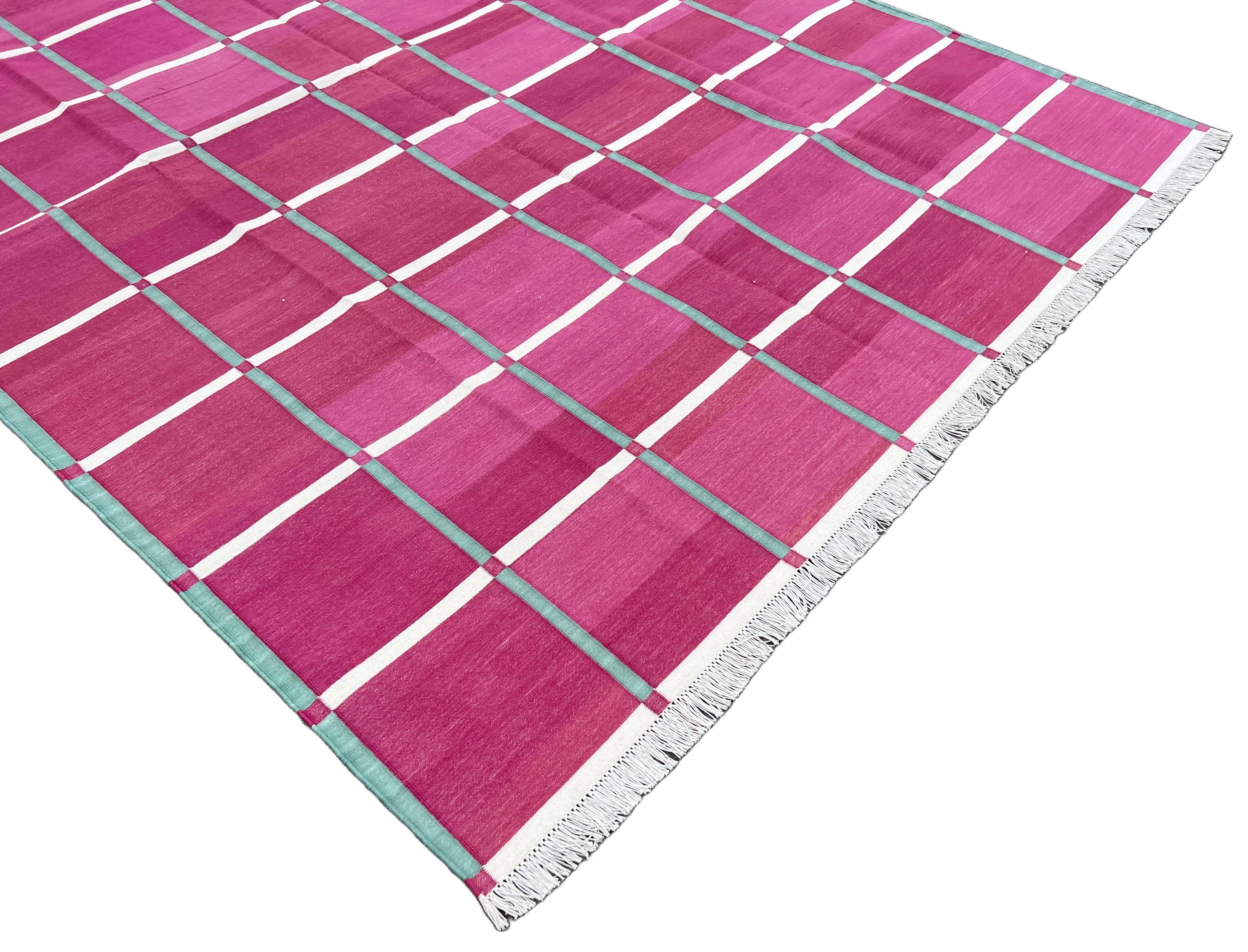 Contemporary Handmade Cotton Area Flat Weave Rug, Pink, Green Windowpane Check Indian Dhurrie For Sale