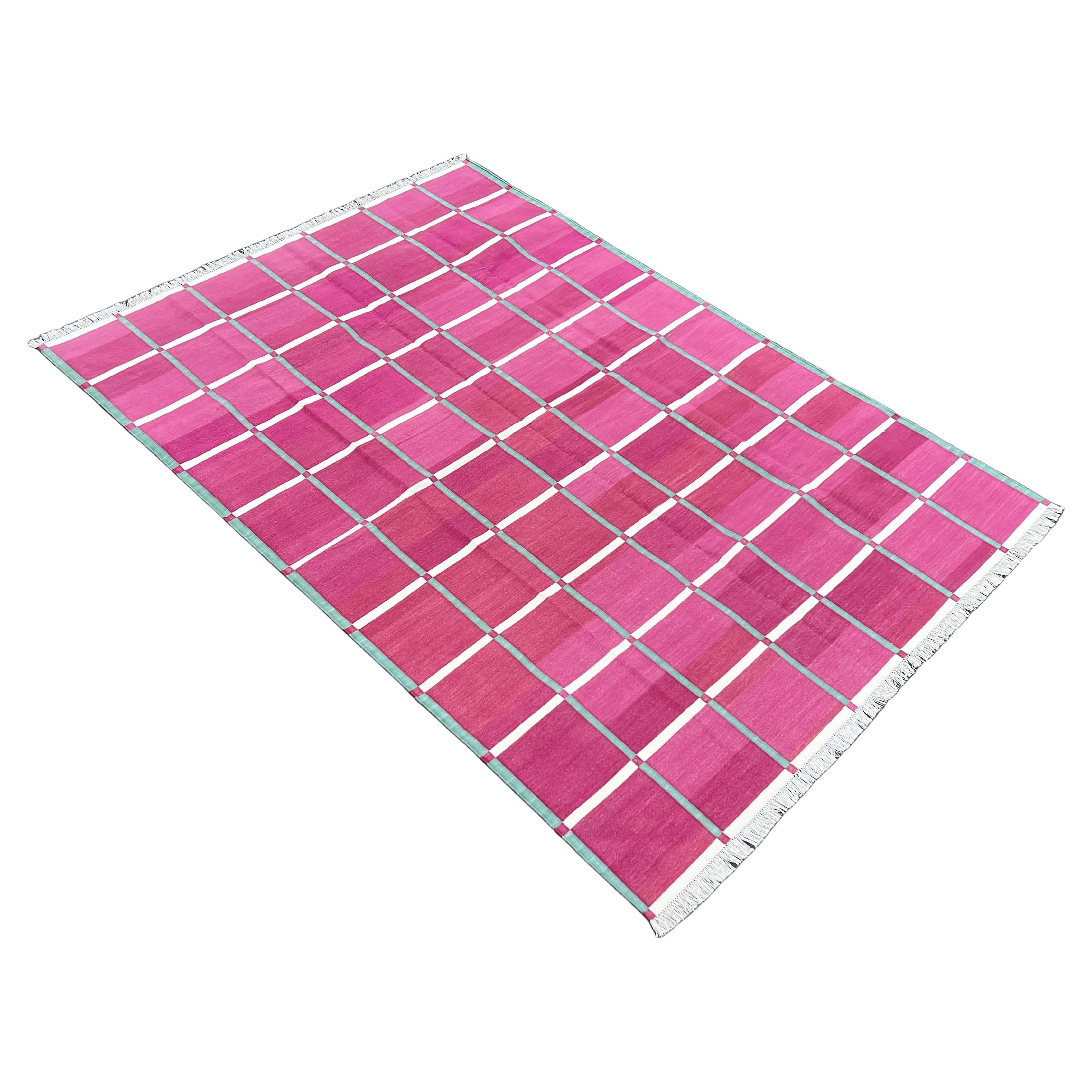 Handmade Cotton Area Flat Weave Rug, Pink, Green Windowpane Check Indian Dhurrie For Sale