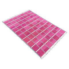 Handgefertigter Flachgewebe-Teppich aus Baumwolle, rosa, grünes Fensterkaro Indischer Dhurrie
