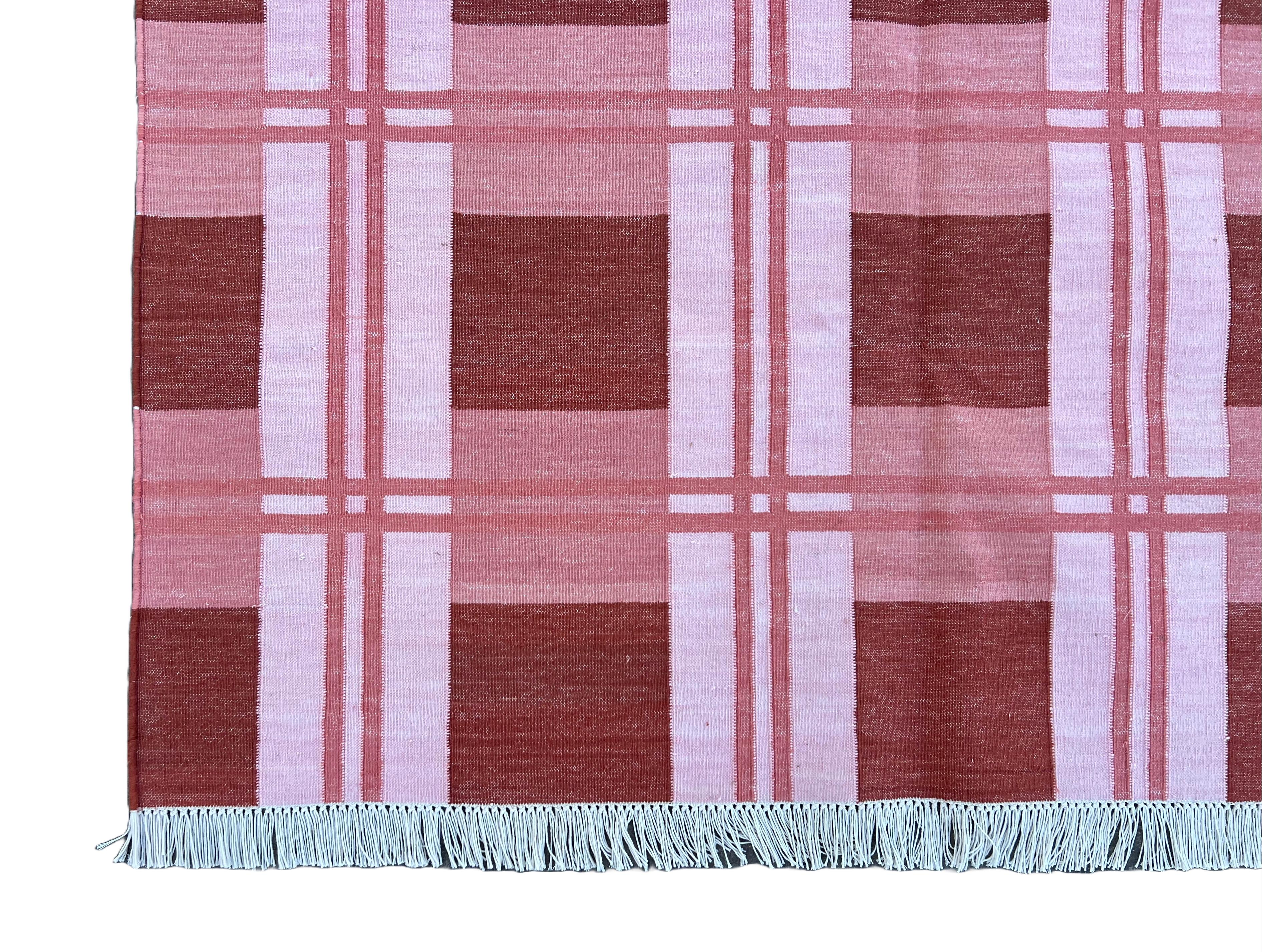 Handmade Cotton Area Flat Weave Rug, Pink & Red Checked Indian Dhurrie Kilim Rug For Sale 4