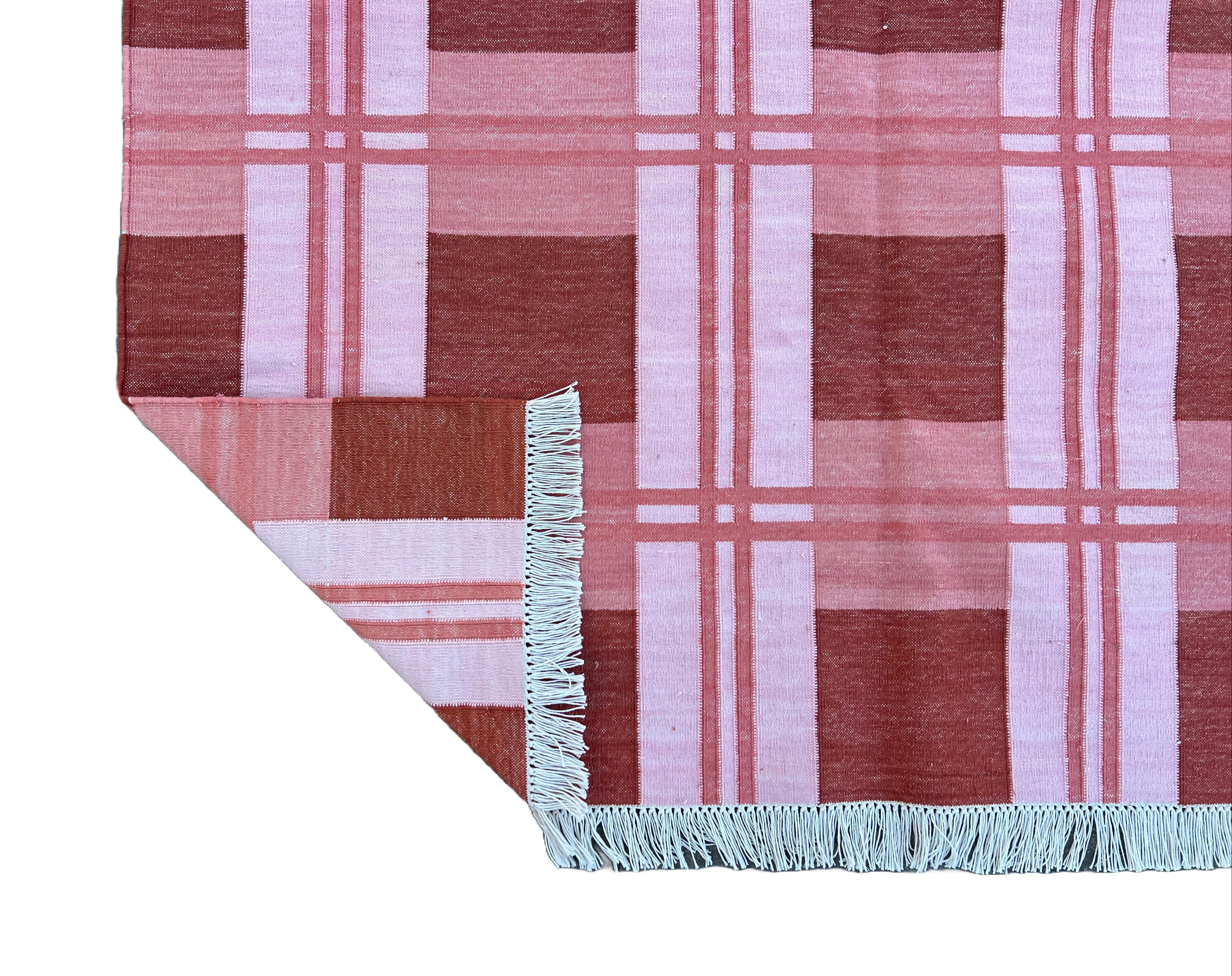 Handmade Cotton Area Flat Weave Rug, Pink & Red Checked Indian Dhurrie Kilim Rug For Sale 5