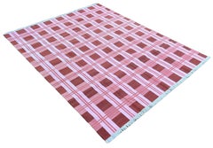 Handmade Cotton Area Flat Weave Rug, Pink & Red Checked Indian Dhurrie Kilim Rug