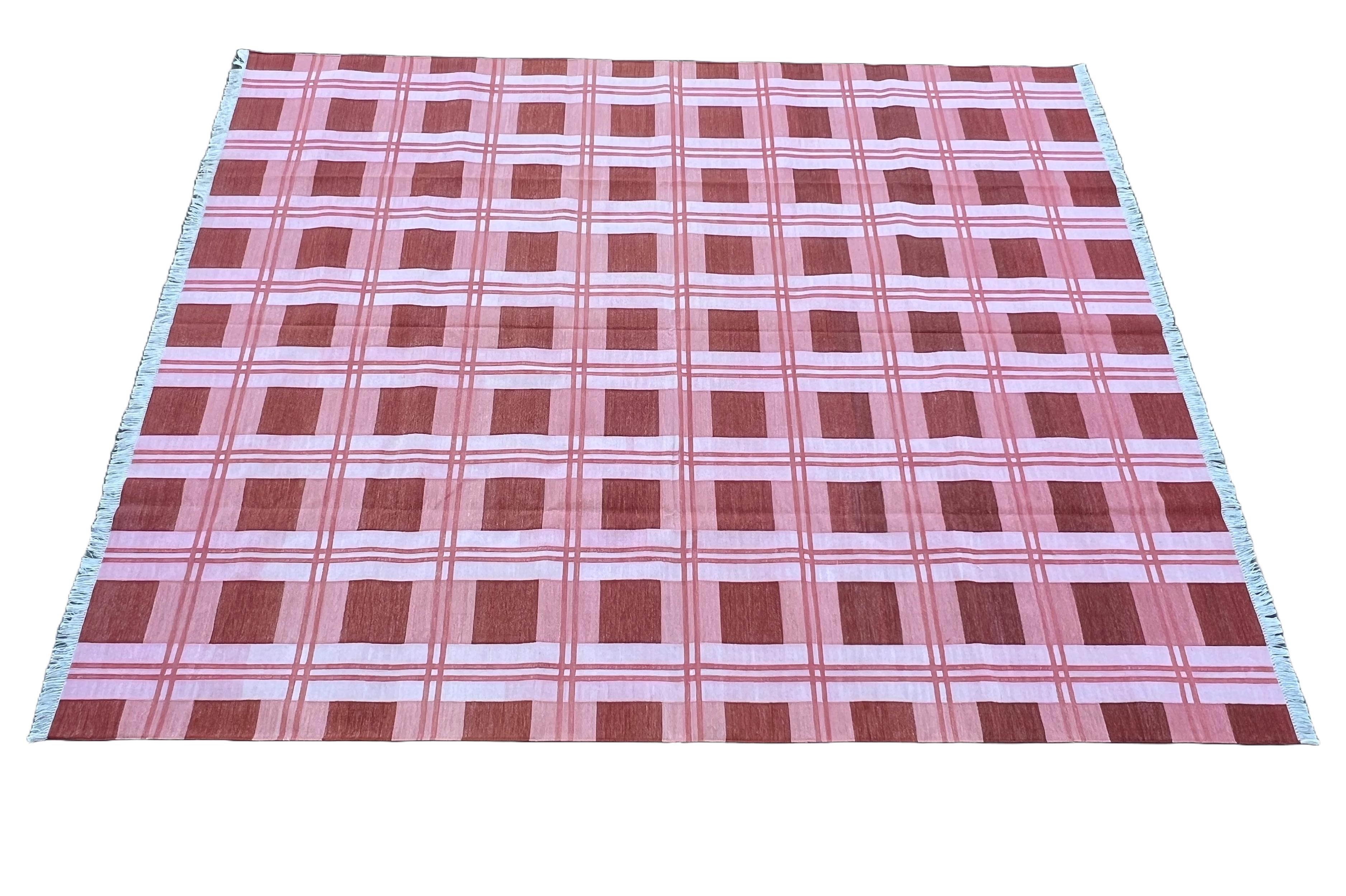 Mid-Century Modern Handmade Cotton Area Flat Weave Rug, Pink & Red Checked Indian Dhurrie Kilim Rug For Sale