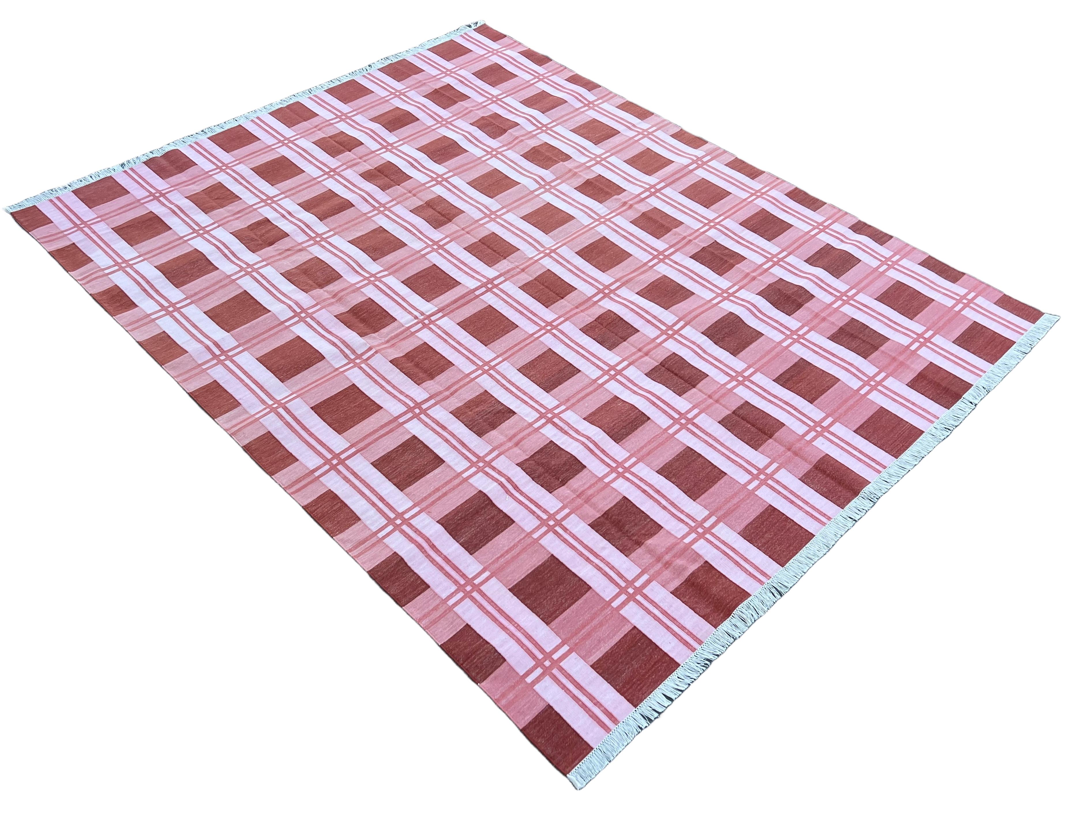 Hand-Woven Handmade Cotton Area Flat Weave Rug, Pink & Red Checked Indian Dhurrie Kilim Rug For Sale