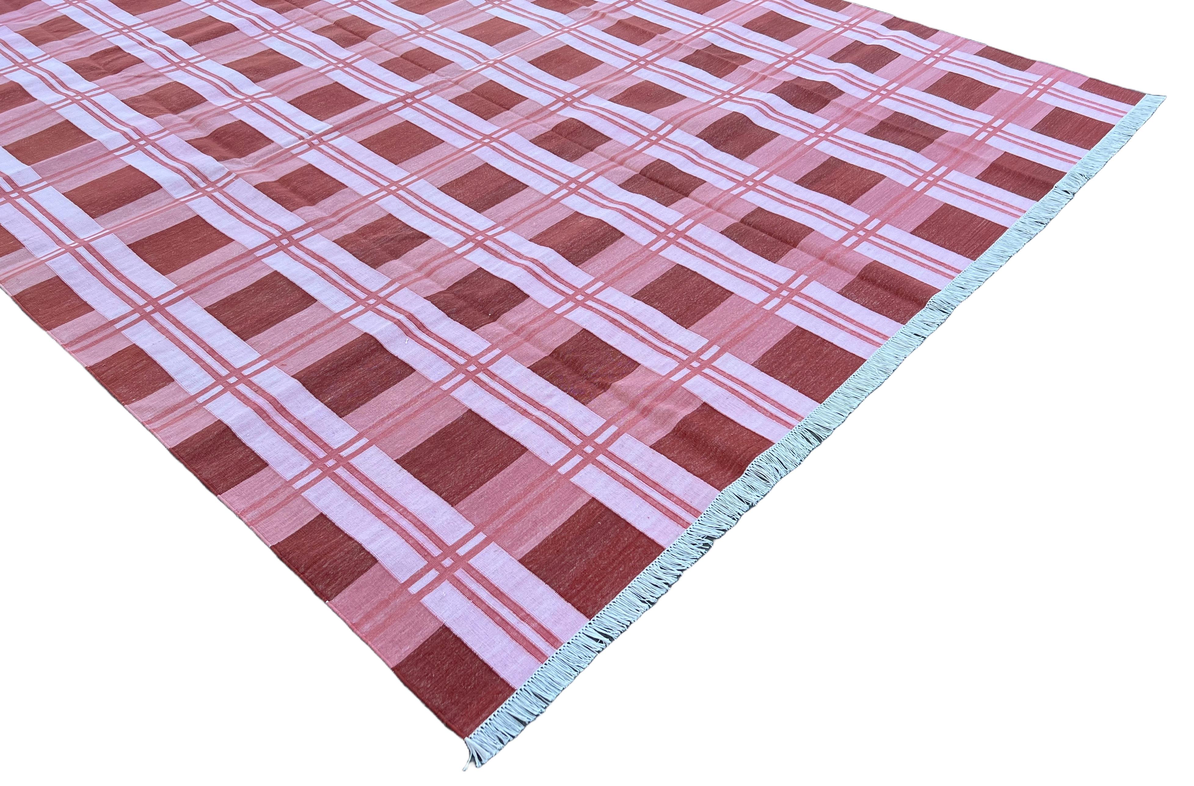 Contemporary Handmade Cotton Area Flat Weave Rug, Pink & Red Checked Indian Dhurrie Kilim Rug For Sale