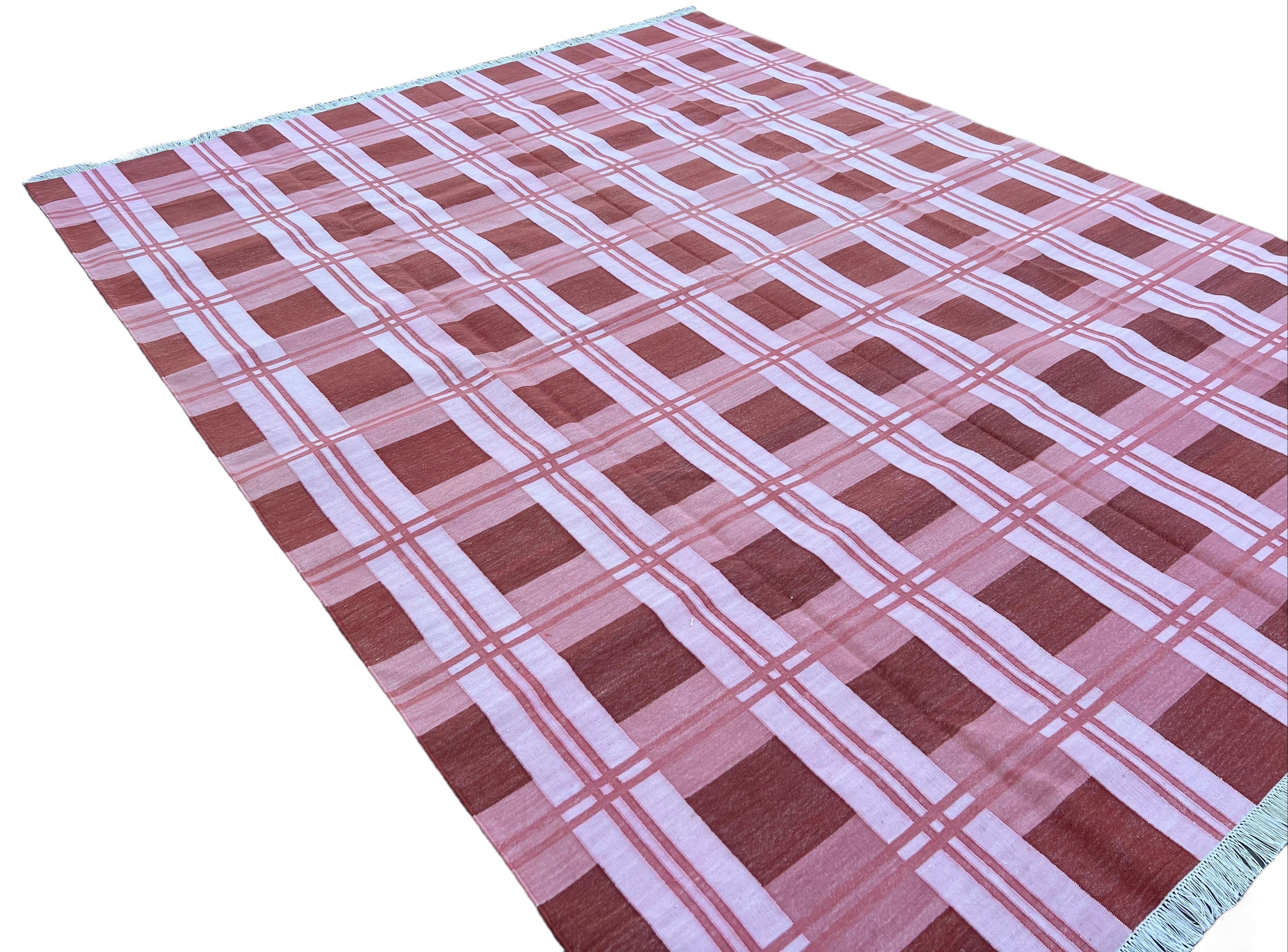 Handmade Cotton Area Flat Weave Rug, Pink & Red Checked Indian Dhurrie Kilim Rug For Sale 1