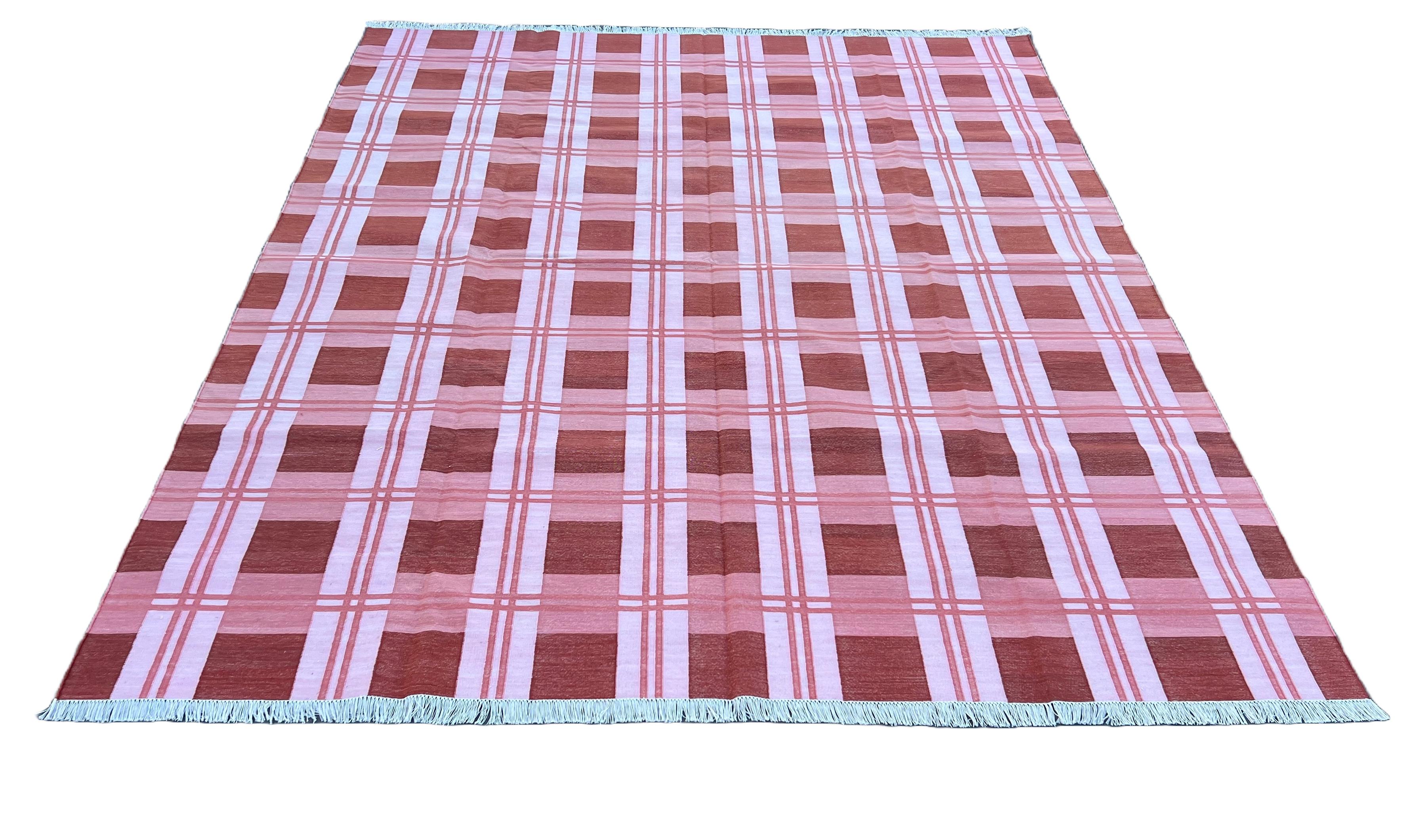 Handmade Cotton Area Flat Weave Rug, Pink & Red Checked Indian Dhurrie Kilim Rug For Sale 2