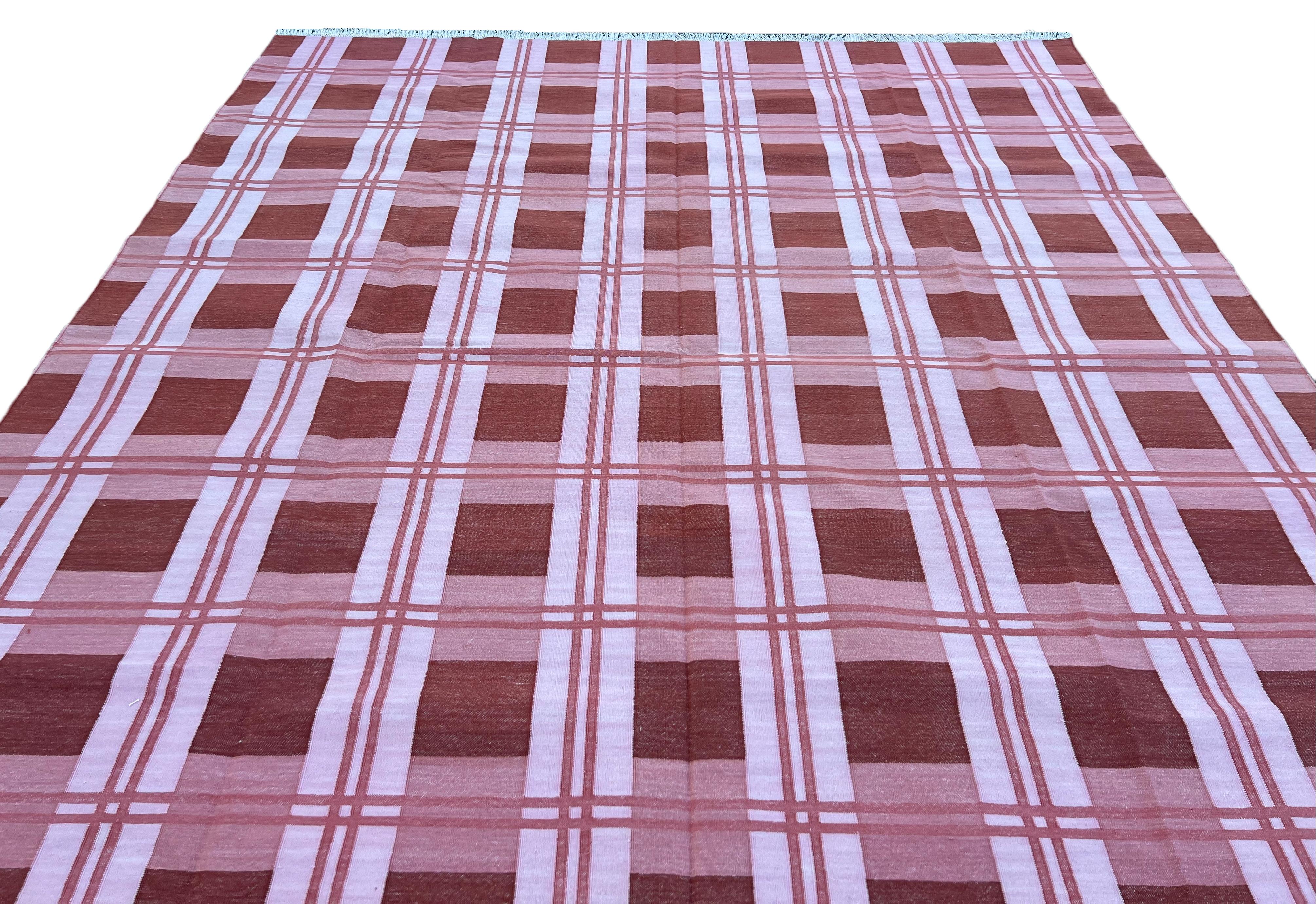 Handmade Cotton Area Flat Weave Rug, Pink & Red Checked Indian Dhurrie Kilim Rug For Sale 3