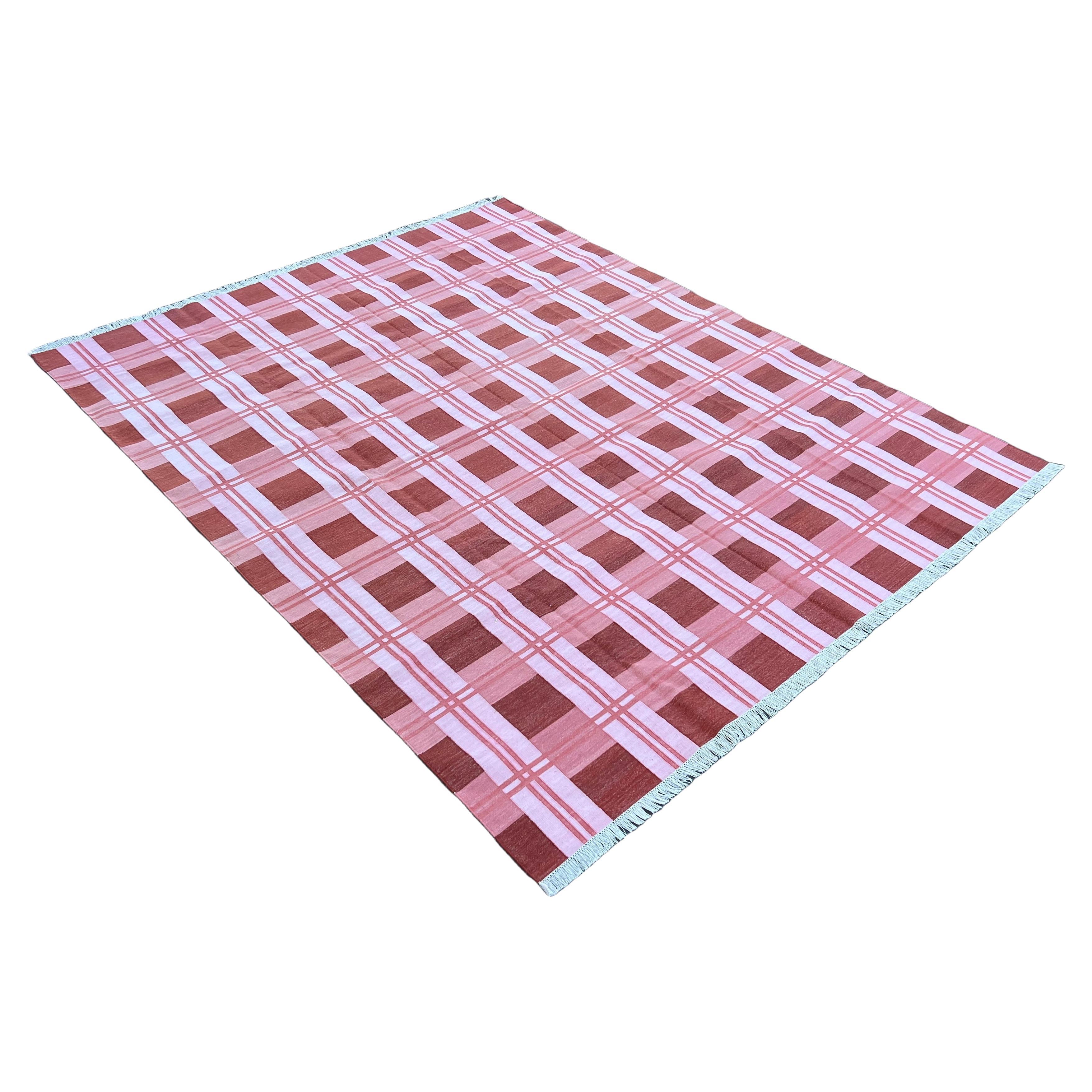 Handmade Cotton Area Flat Weave Rug, Pink & Red Checked Indian Dhurrie Kilim Rug For Sale