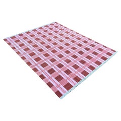 Handmade Cotton Area Flat Weave Rug, Pink & Red Checked Indian Dhurrie Kilim Rug