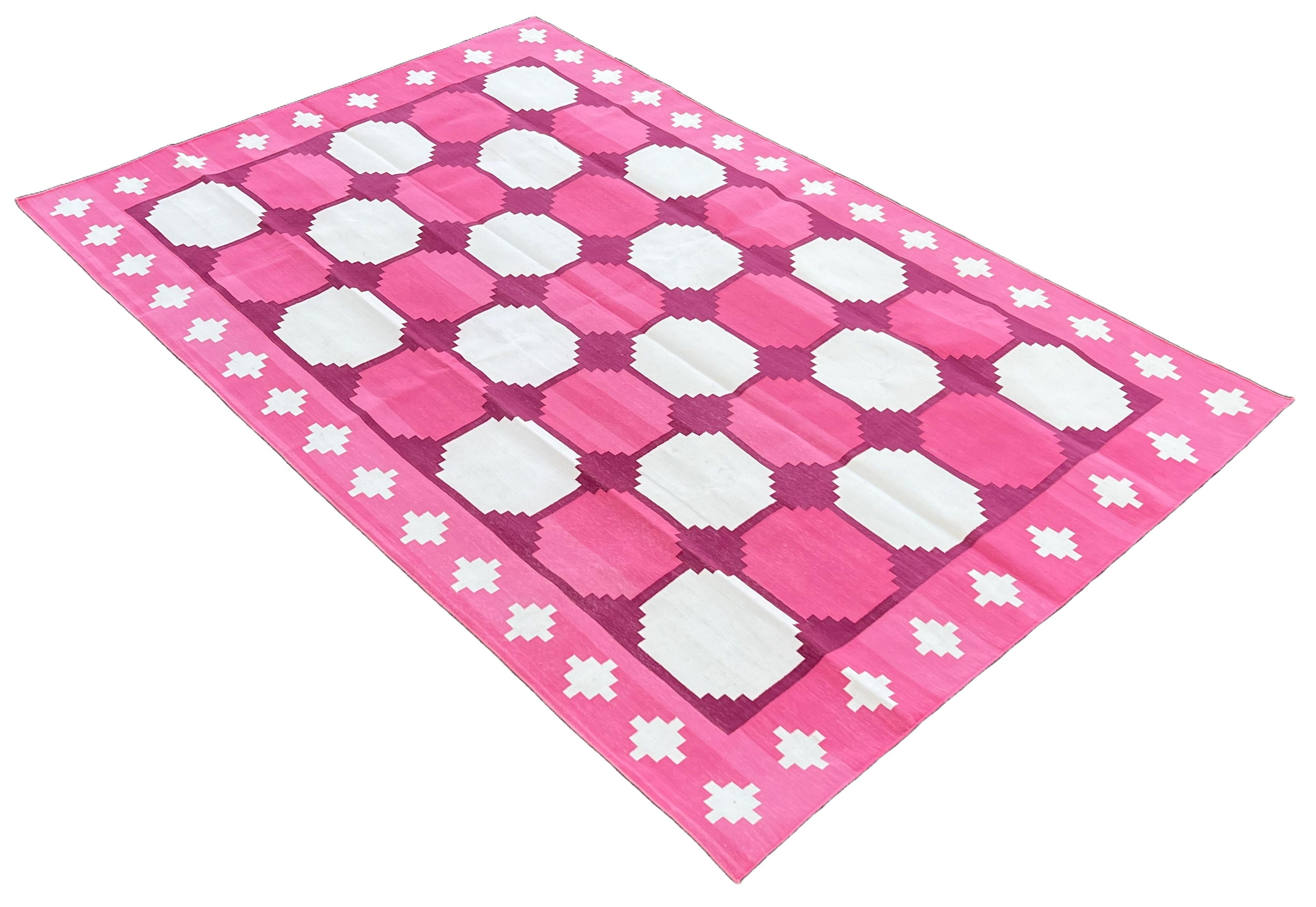 Cotton Vegetable Dyed Reversible Pink And White Indian Star Geometric Rug - 6'x9'
These special flat-weave dhurries are hand-woven with 15 ply 100% cotton yarn. Due to the special manufacturing techniques used to create our rugs, the size and color