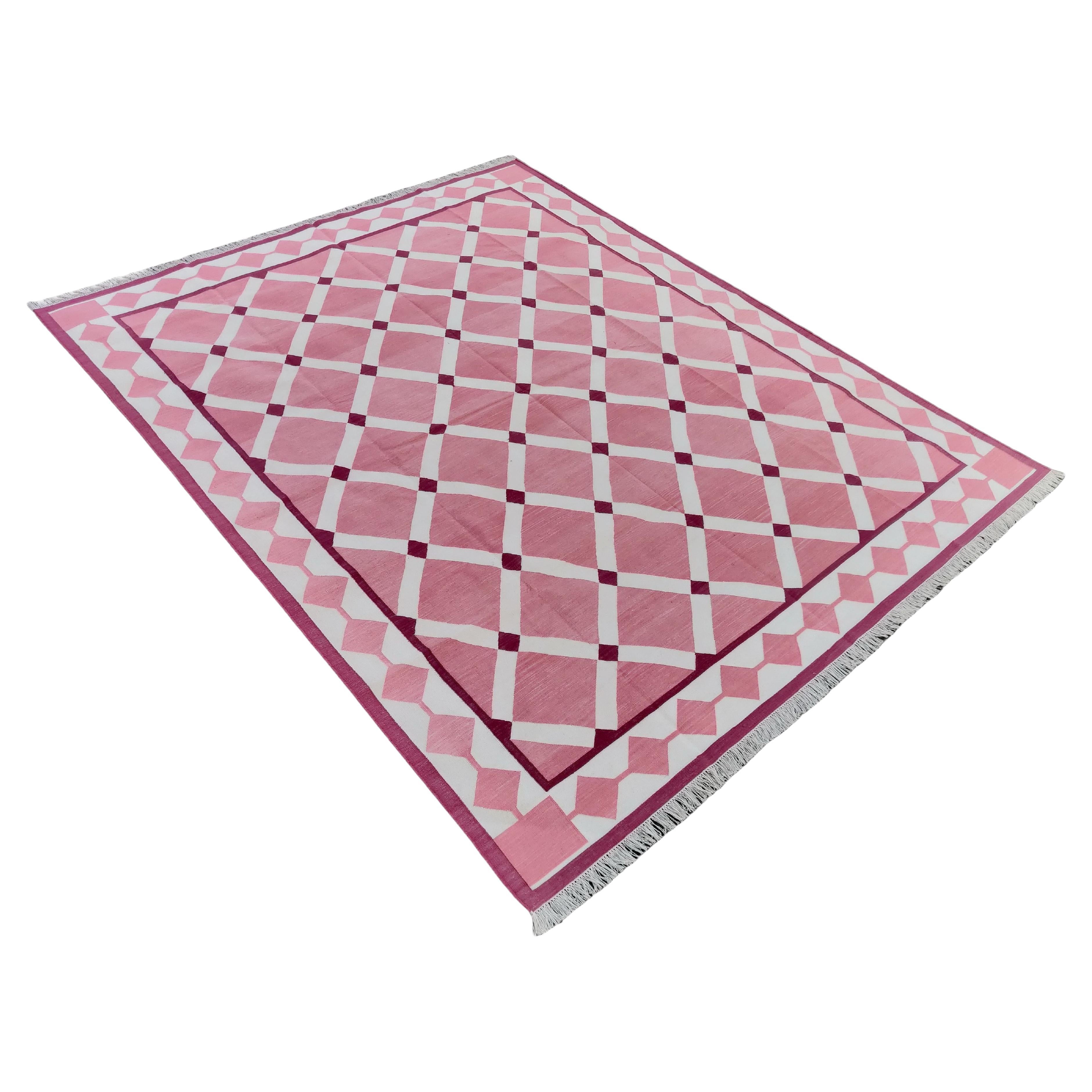 Handmade Cotton Area Flat Weave Rug, 8x10 Pink Indian Star Geometric Dhurrie Rug For Sale