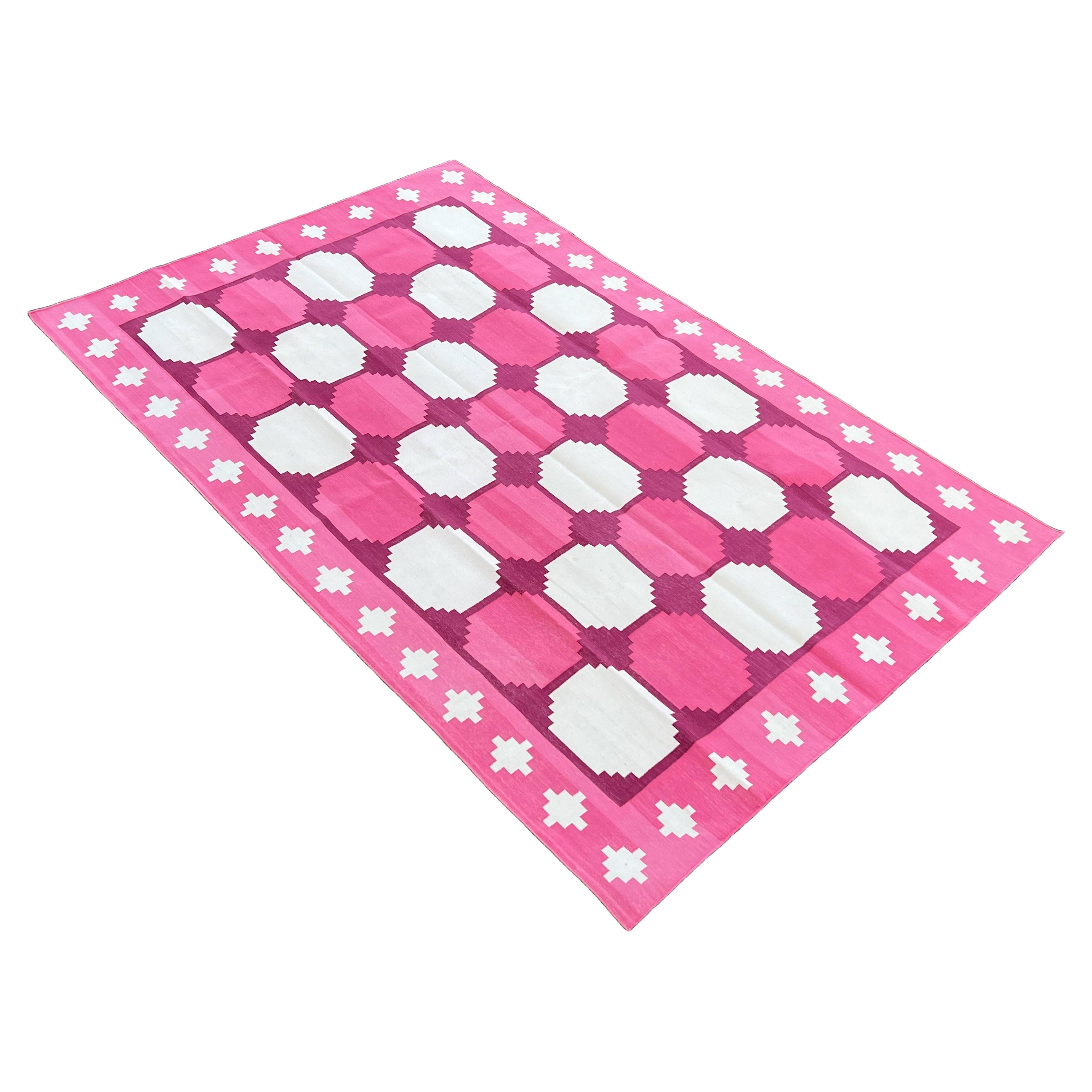 Handmade Cotton Area Flat Weave Rug, Pink & White Indian Star Geometric Dhurrie For Sale