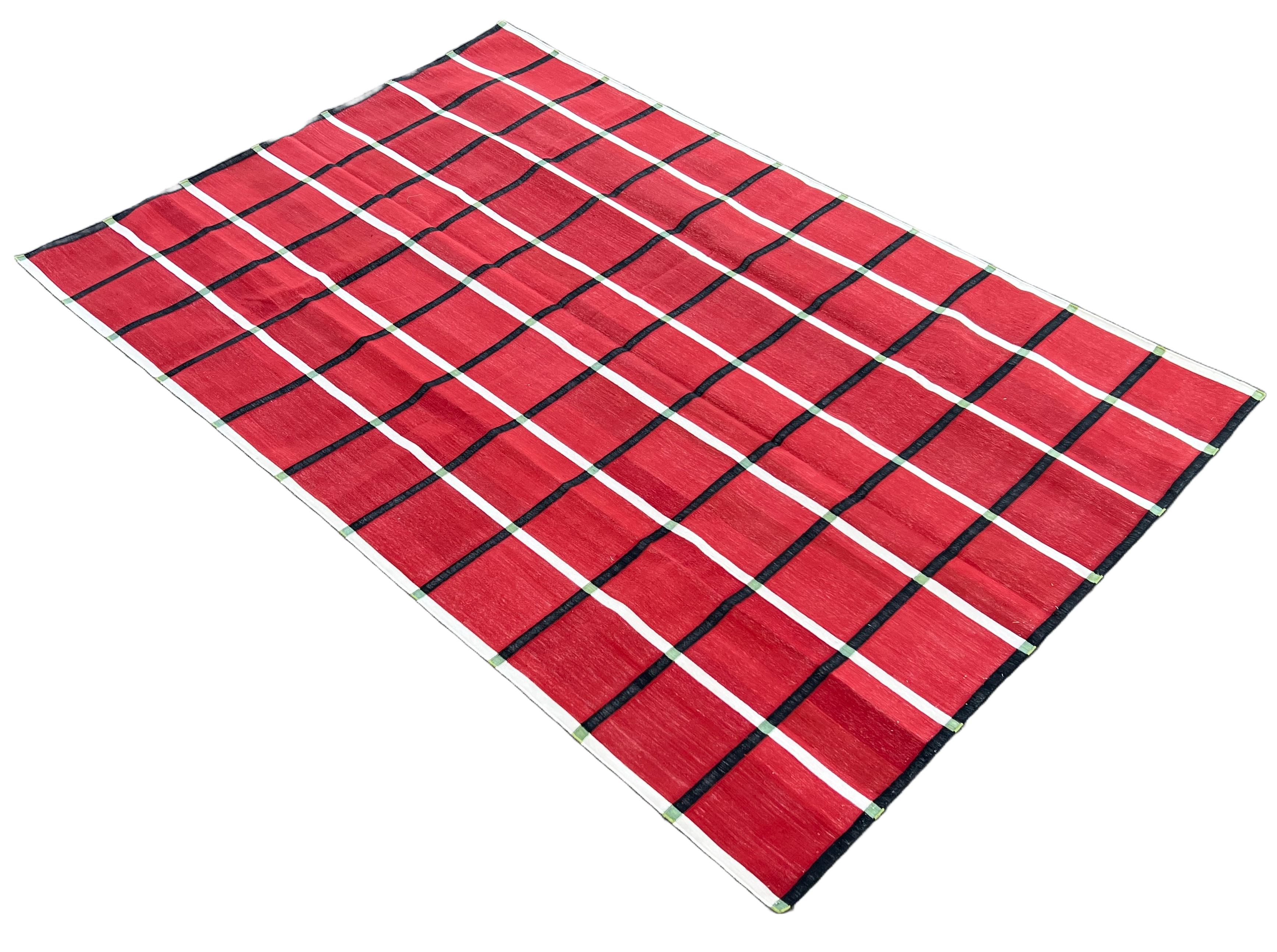 Handmade Cotton Area Flat Weave Rug, Red & Black Windowpane Check Indian Dhurrie For Sale 4