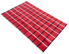 Handmade Cotton Area Flat Weave Rug, Red & Black Windowpane Check Indian Dhurrie