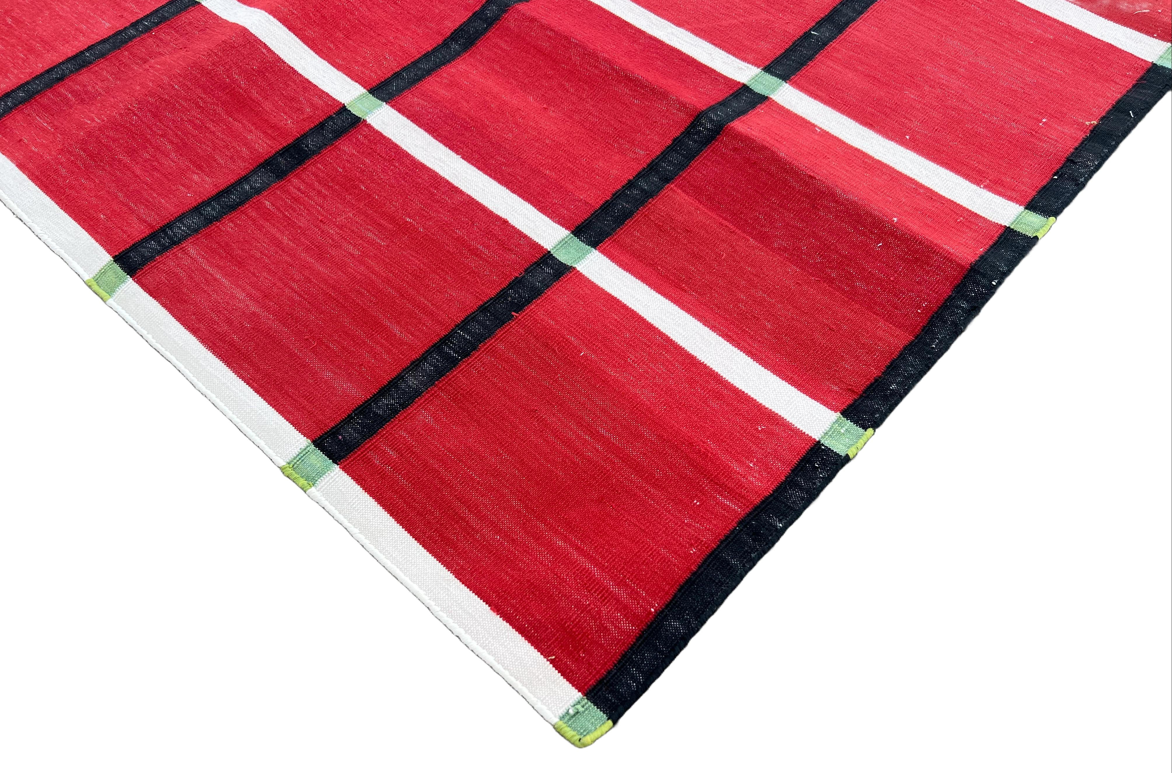 Mid-Century Modern Handmade Cotton Area Flat Weave Rug, Red & Black Windowpane Check Indian Dhurrie For Sale