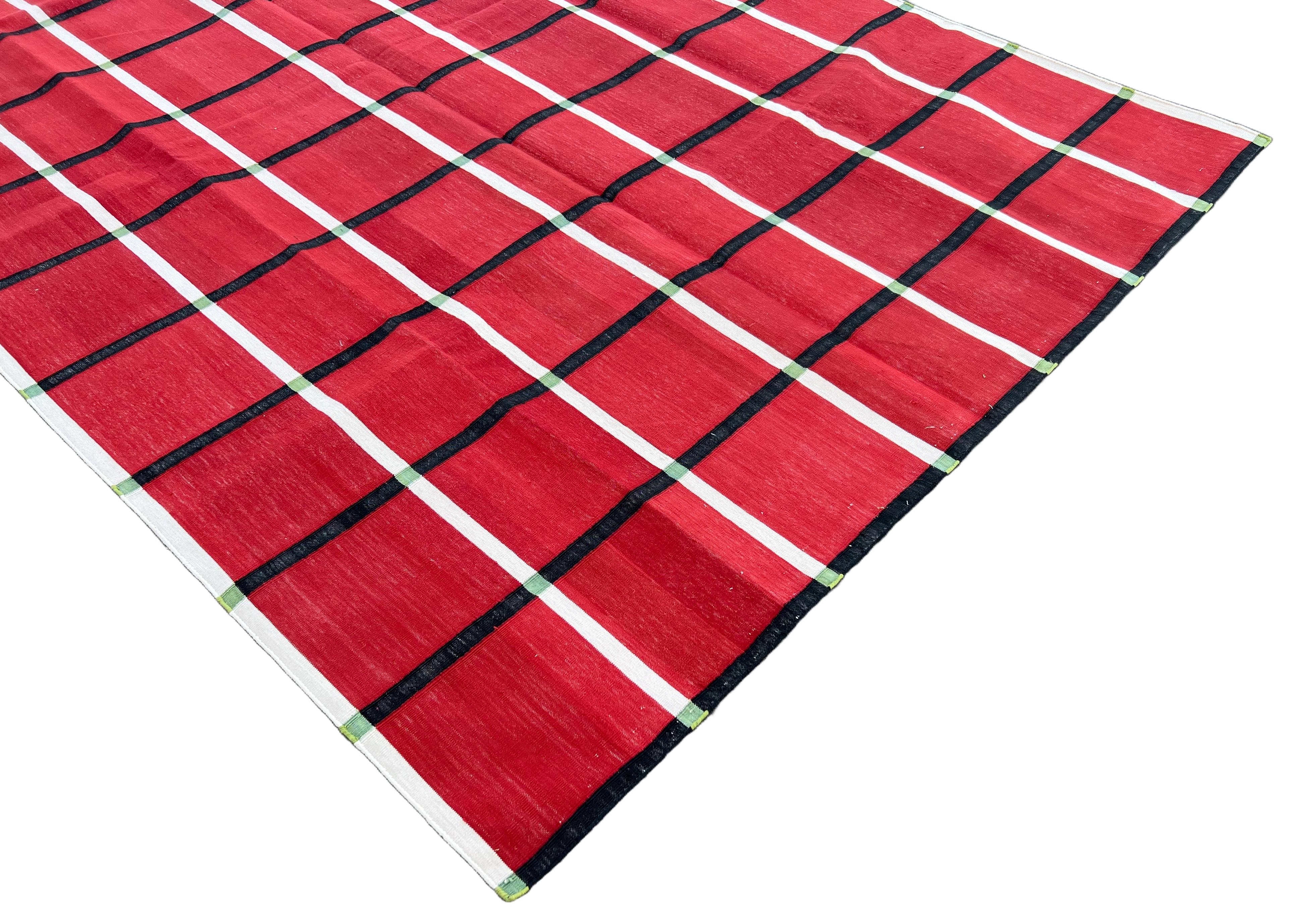 Hand-Woven Handmade Cotton Area Flat Weave Rug, Red & Black Windowpane Check Indian Dhurrie For Sale