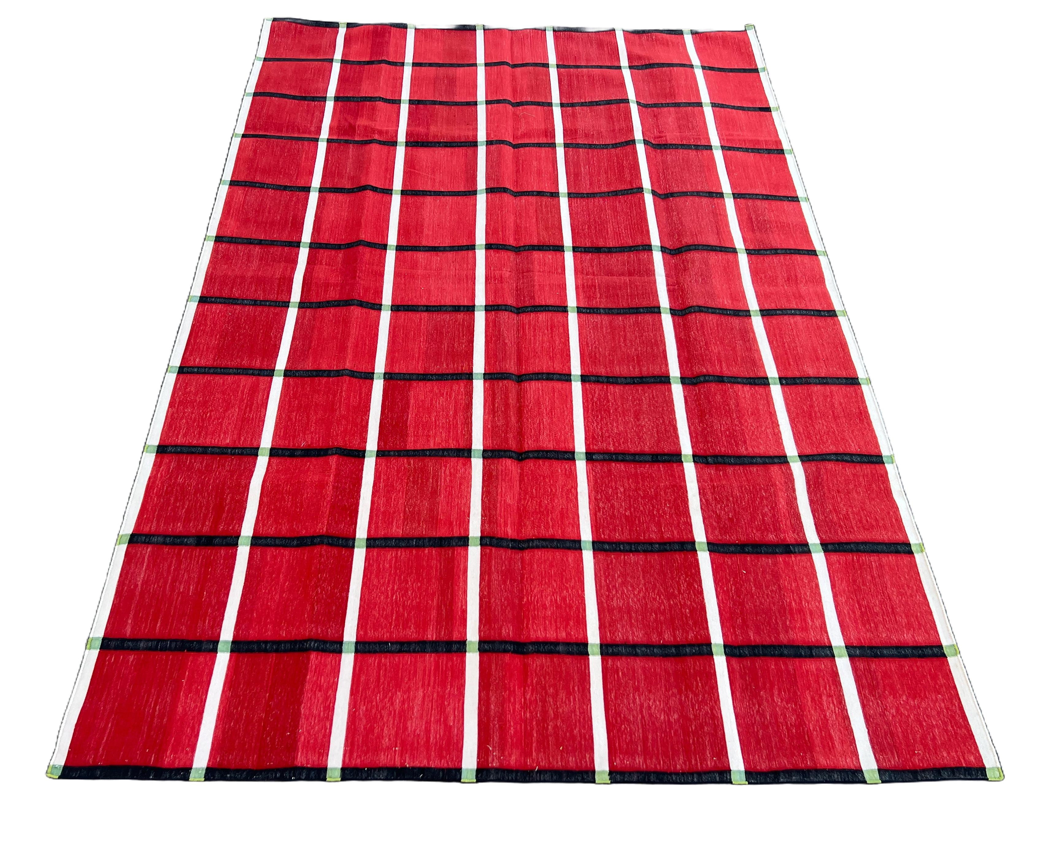 Contemporary Handmade Cotton Area Flat Weave Rug, Red & Black Windowpane Check Indian Dhurrie For Sale