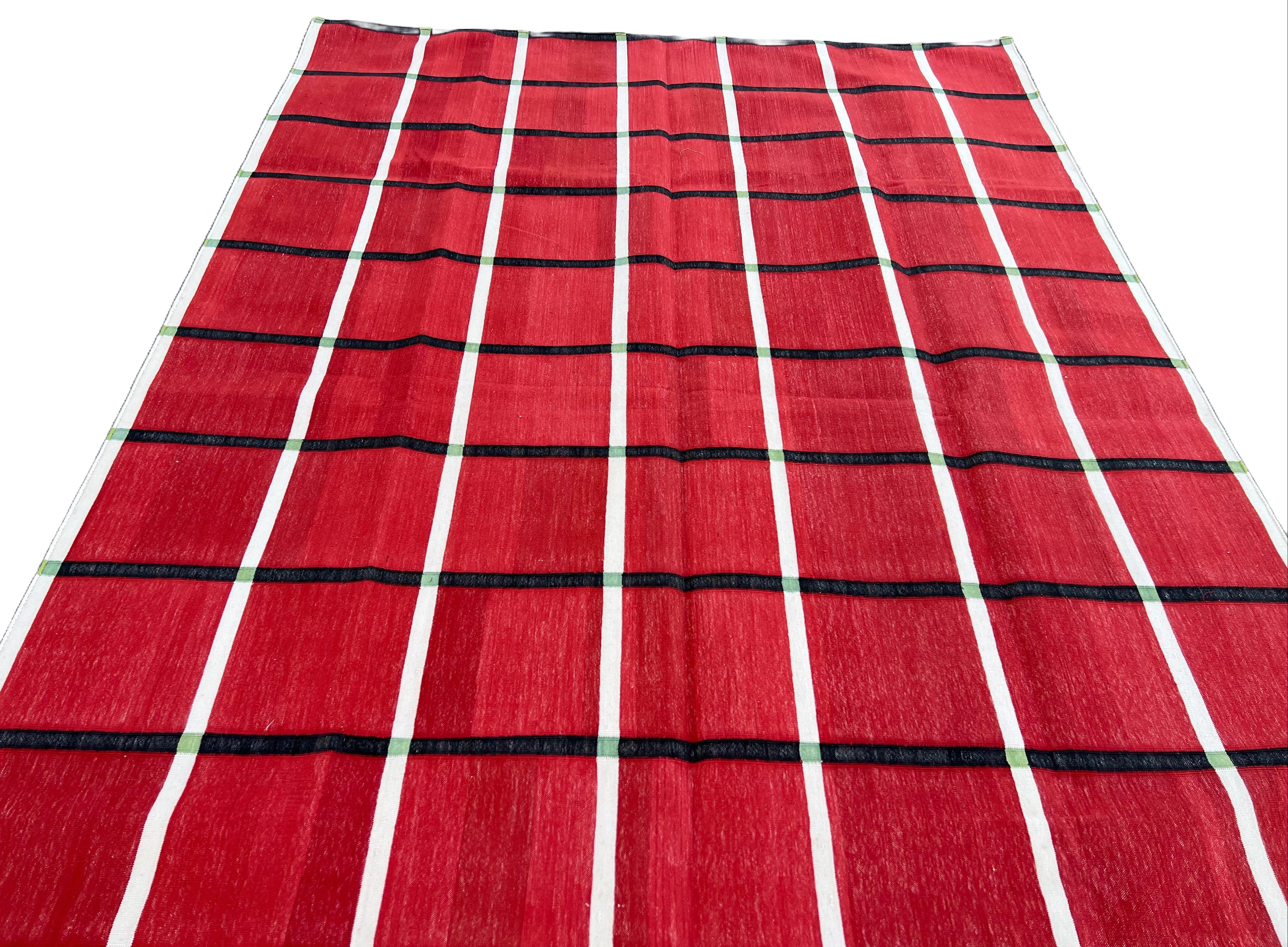 Handmade Cotton Area Flat Weave Rug, Red & Black Windowpane Check Indian Dhurrie For Sale 1