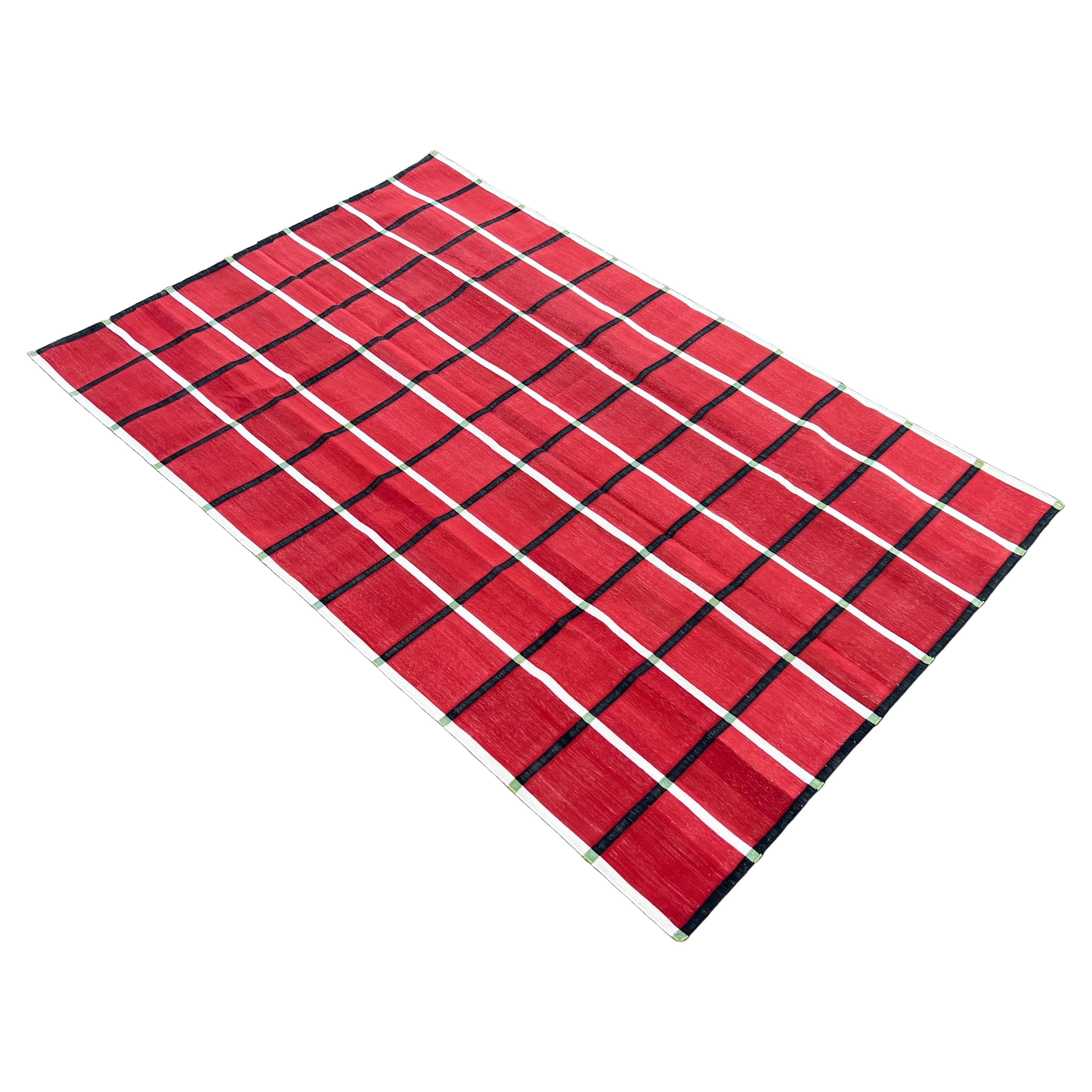 Handmade Cotton Area Flat Weave Rug, Red & Black Windowpane Check Indian Dhurrie For Sale