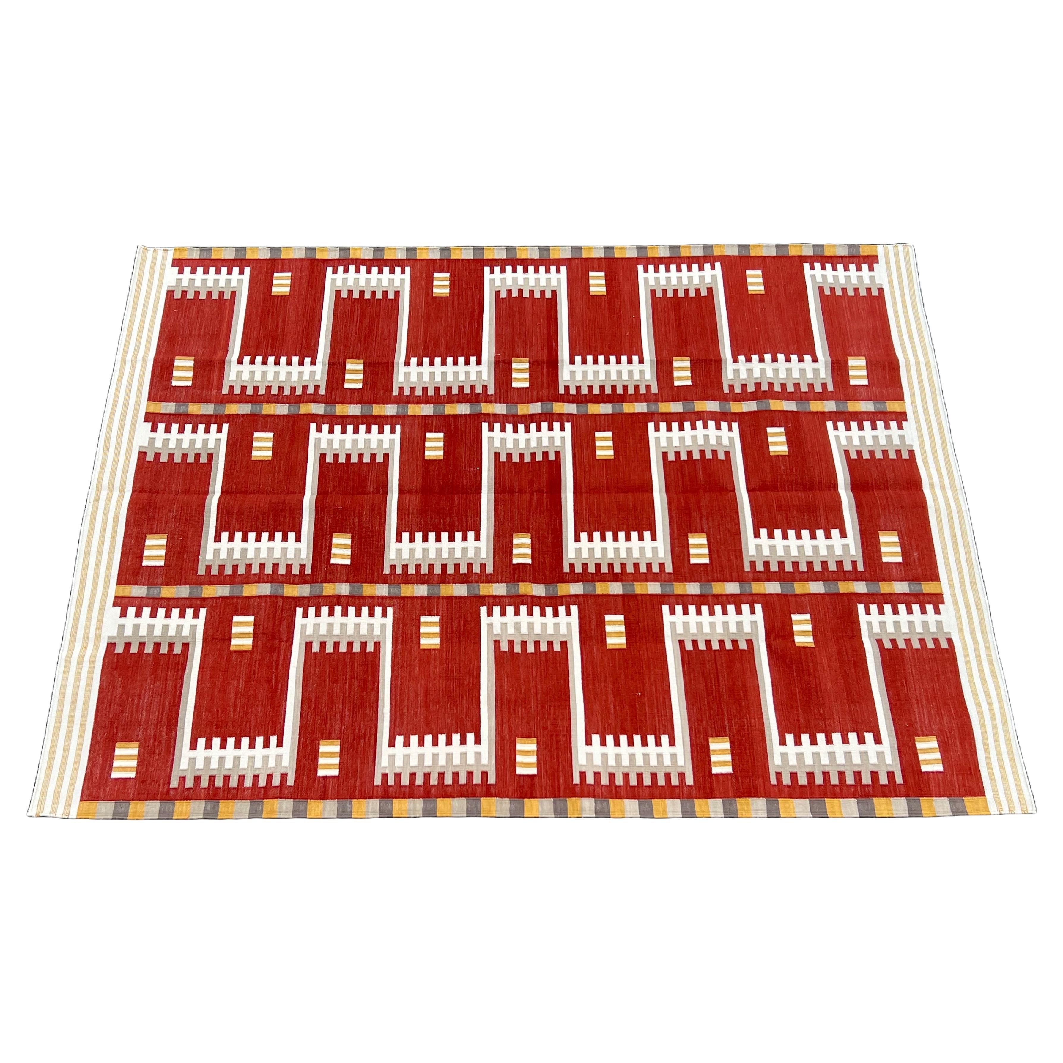 Handmade Cotton Area Flat Weave Rug, Red, Cream & Beige Geometric Indian Dhurrie For Sale