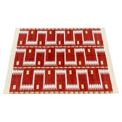 Handgefertigter Flachgewebe-Teppich aus Baumwolle, rot, cremefarben und beige, geometrisch, indischer Dhurrie