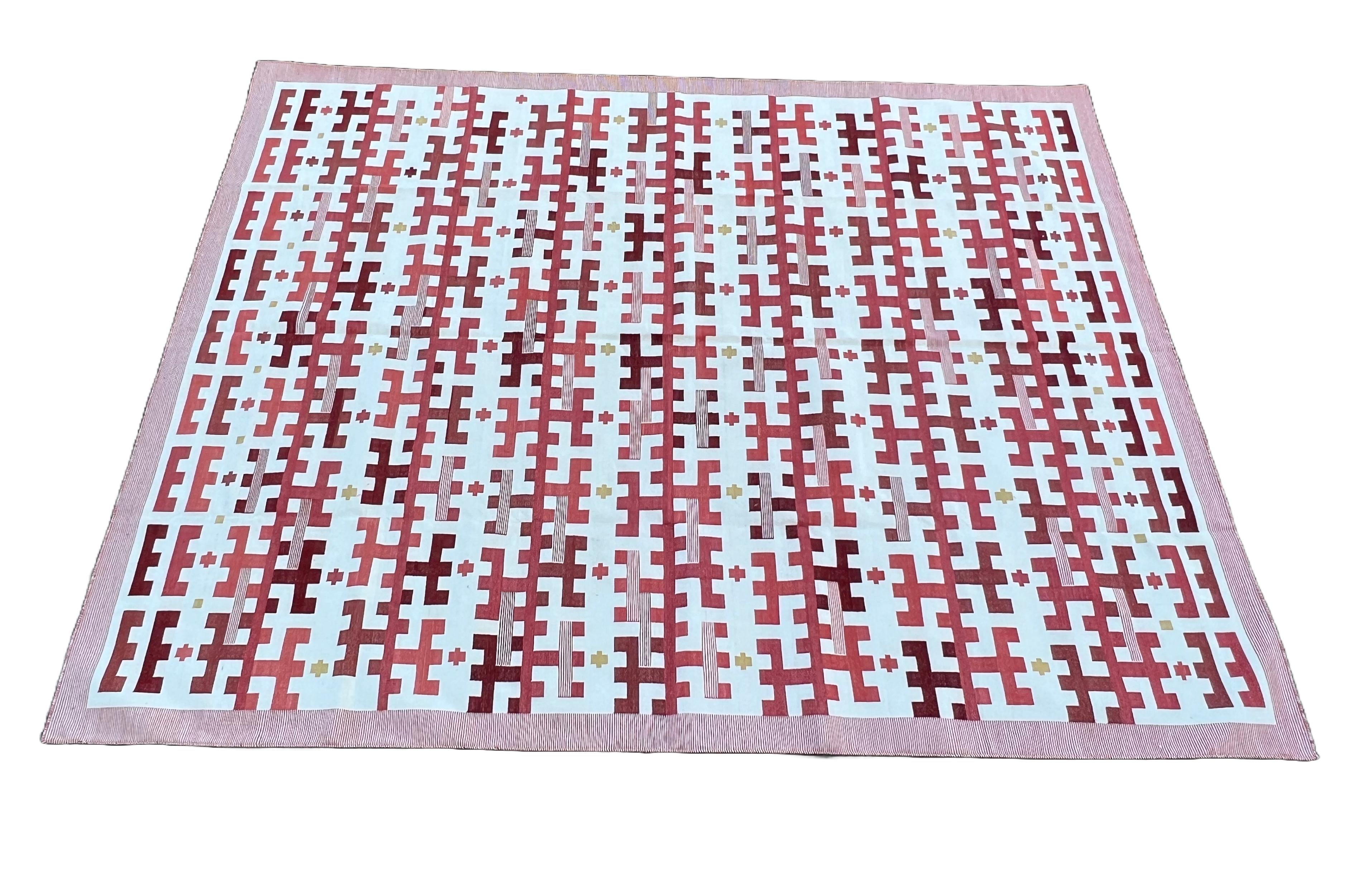 Handmade Cotton Area Flat Weave Rug, Red & White Marianne Striped Indian Dhurrie For Sale 4