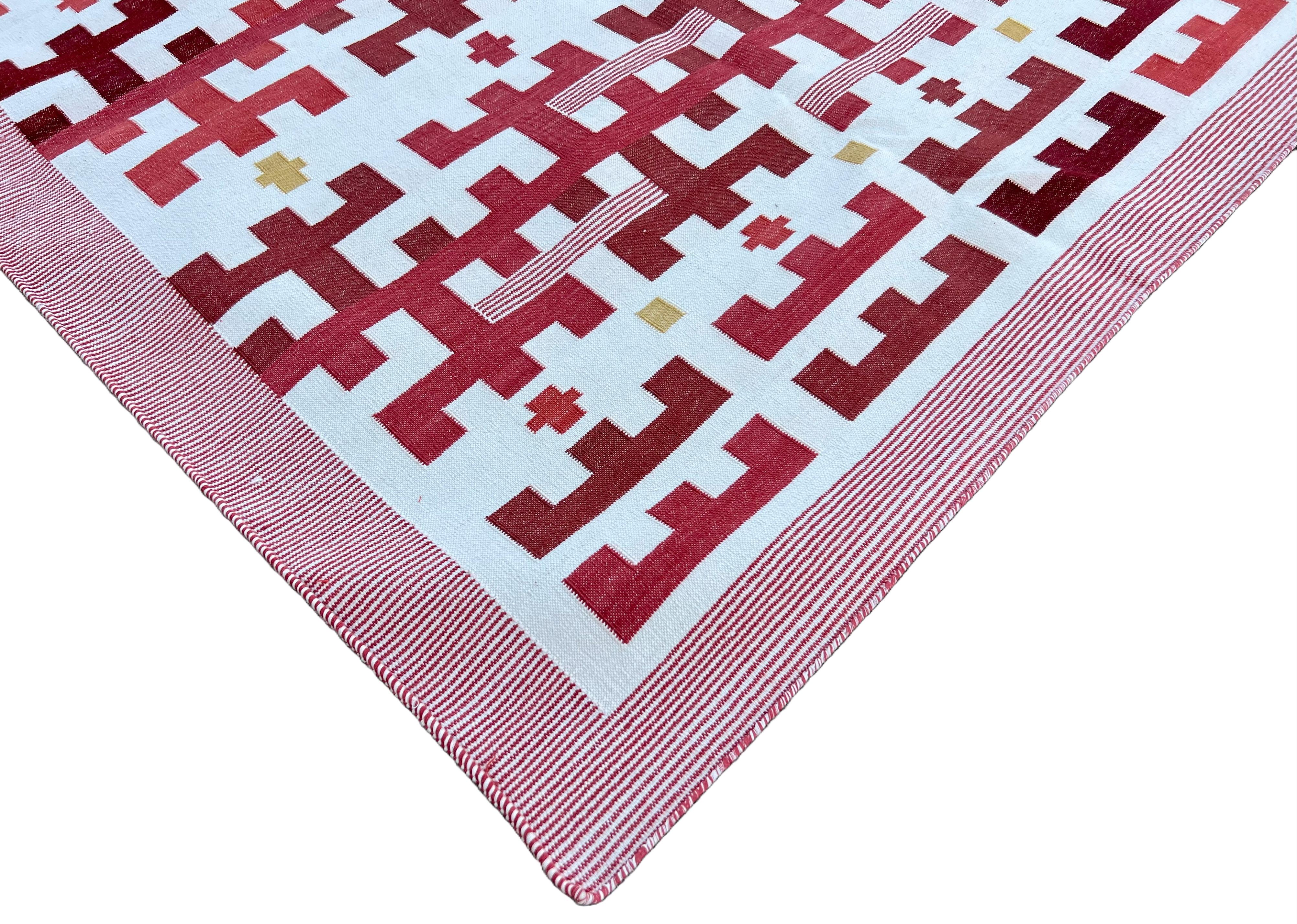 Mid-Century Modern Handmade Cotton Area Flat Weave Rug, Red & White Marianne Striped Indian Dhurrie For Sale
