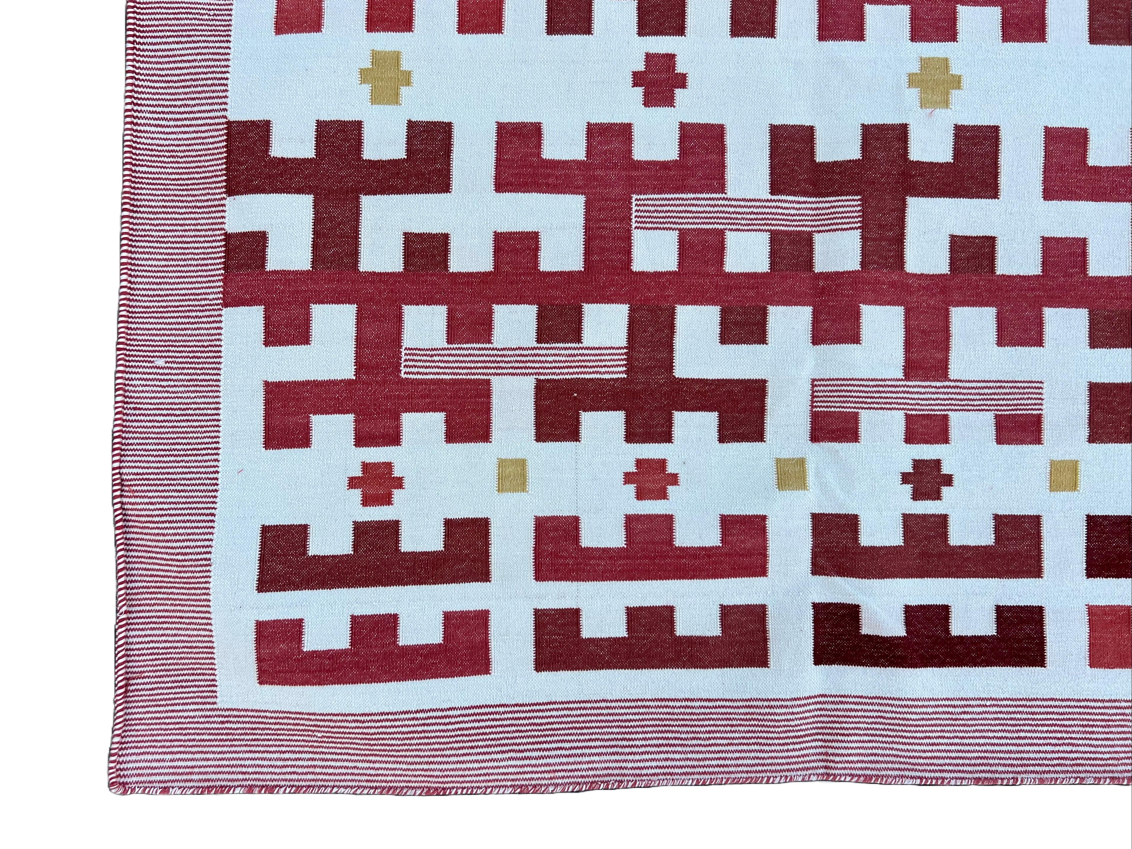Handmade Cotton Area Flat Weave Rug, Red & White Marianne Striped Indian Dhurrie For Sale 2