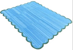 Handmade Cotton Area Flat Weave Rug, Sky Blue And Green Scalloped Indian Dhurrie