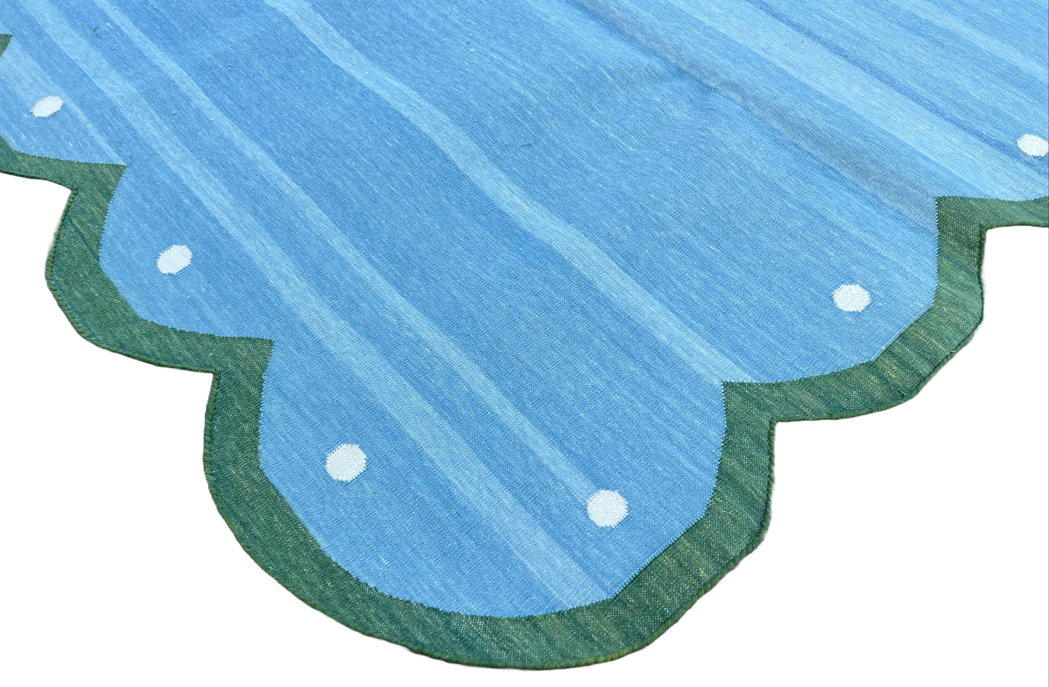 Mid-Century Modern Handmade Cotton Area Flat Weave Rug, Sky Blue And Green Scalloped Indian Dhurrie For Sale