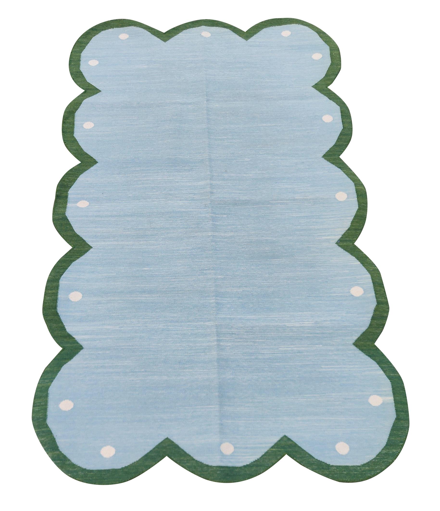 Arts and Crafts Handmade Cotton Area Flat Weave Rug, Sky Blue And Green Scalloped Indian Dhurrie For Sale