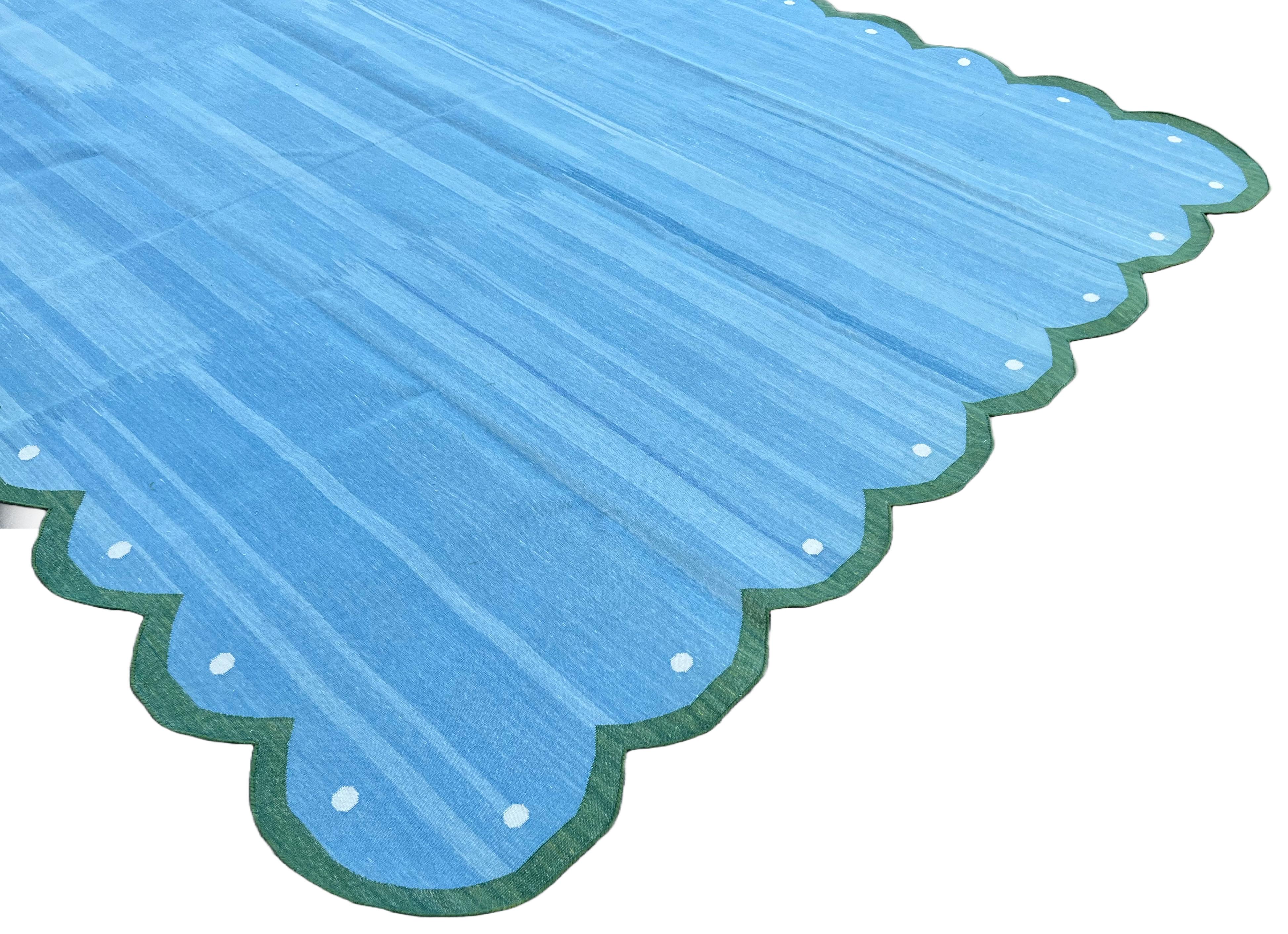 Hand-Woven Handmade Cotton Area Flat Weave Rug, Sky Blue And Green Scalloped Indian Dhurrie For Sale