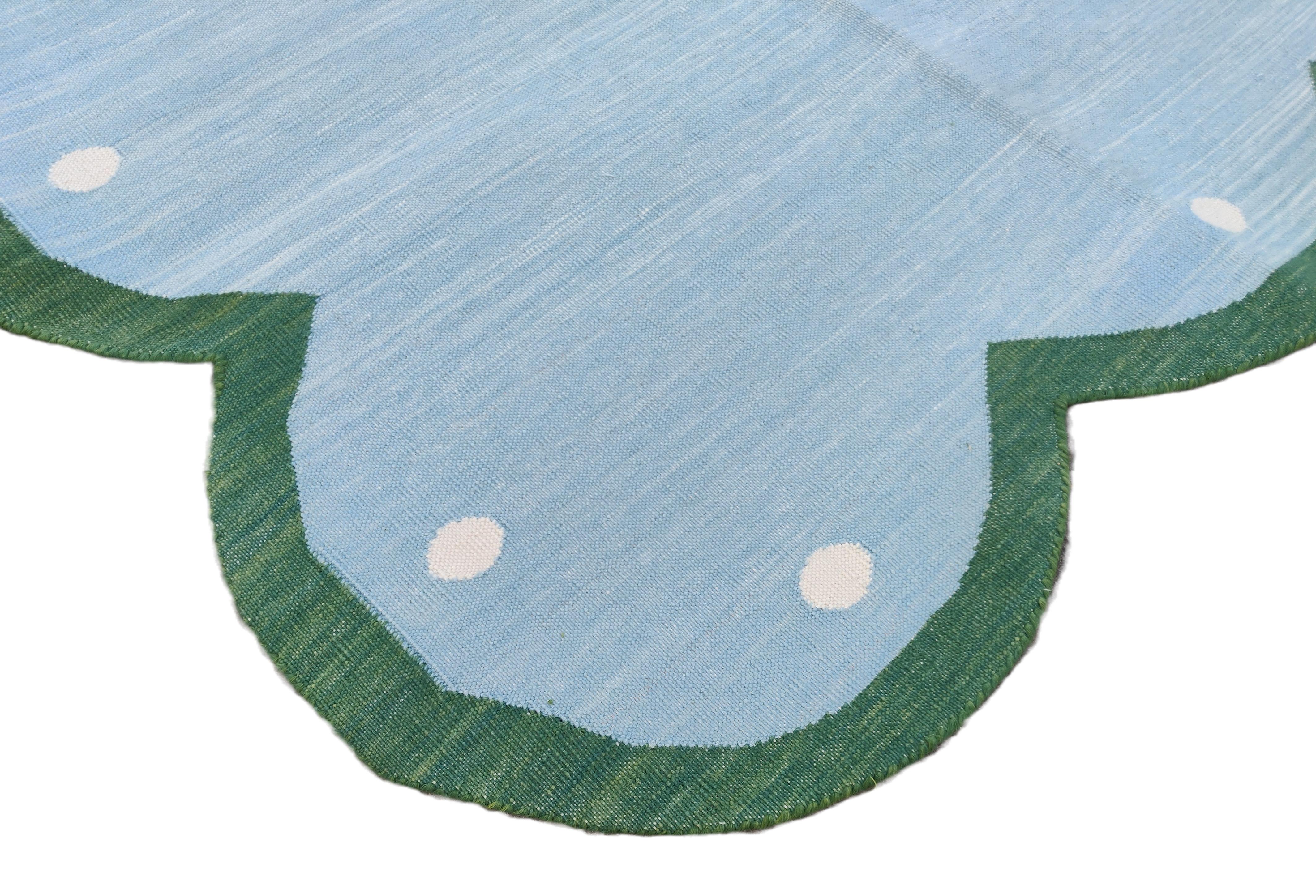 Hand-Woven Handmade Cotton Area Flat Weave Rug, Sky Blue And Green Scalloped Indian Dhurrie For Sale
