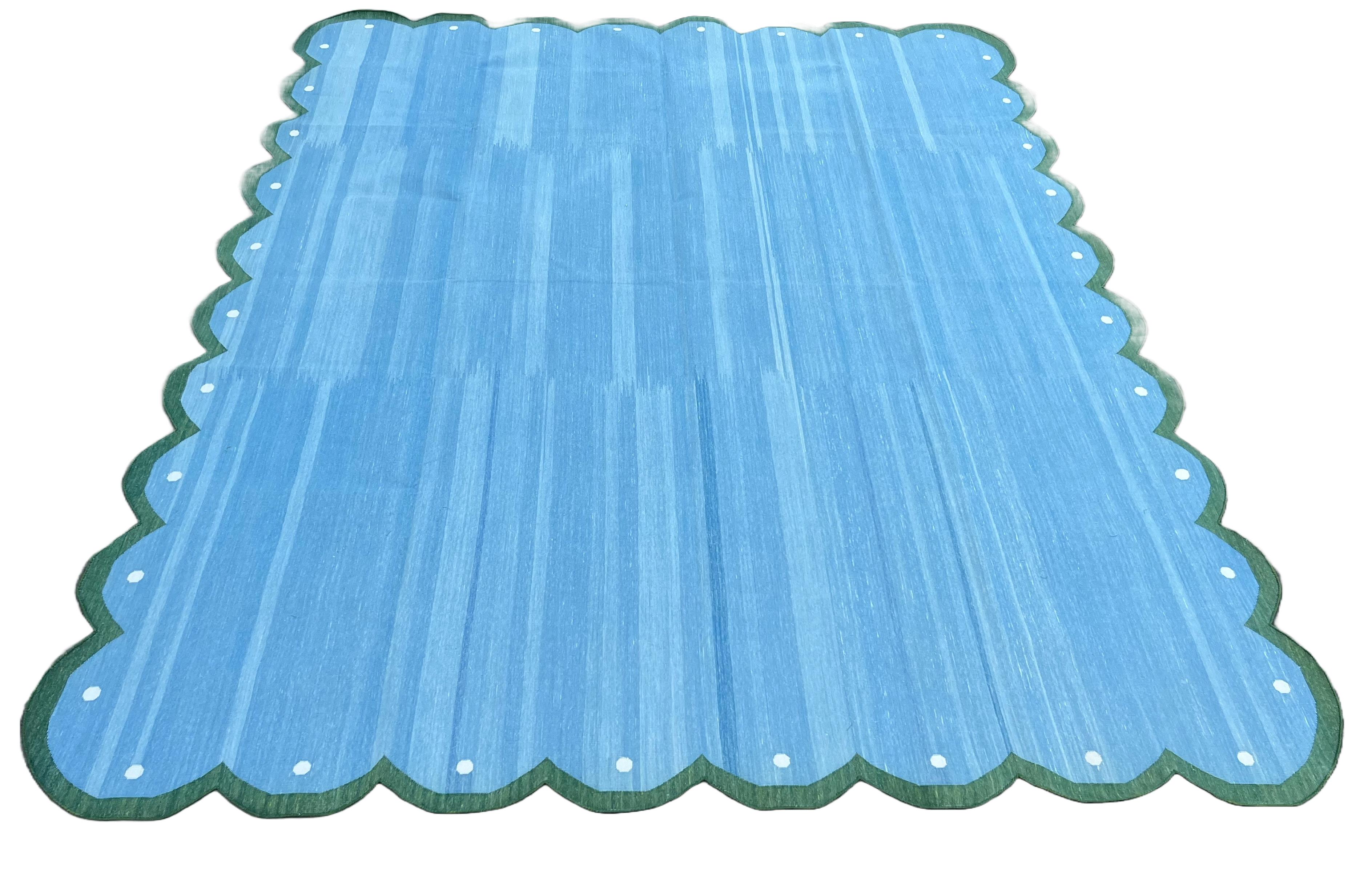 Contemporary Handmade Cotton Area Flat Weave Rug, Sky Blue And Green Scalloped Indian Dhurrie For Sale