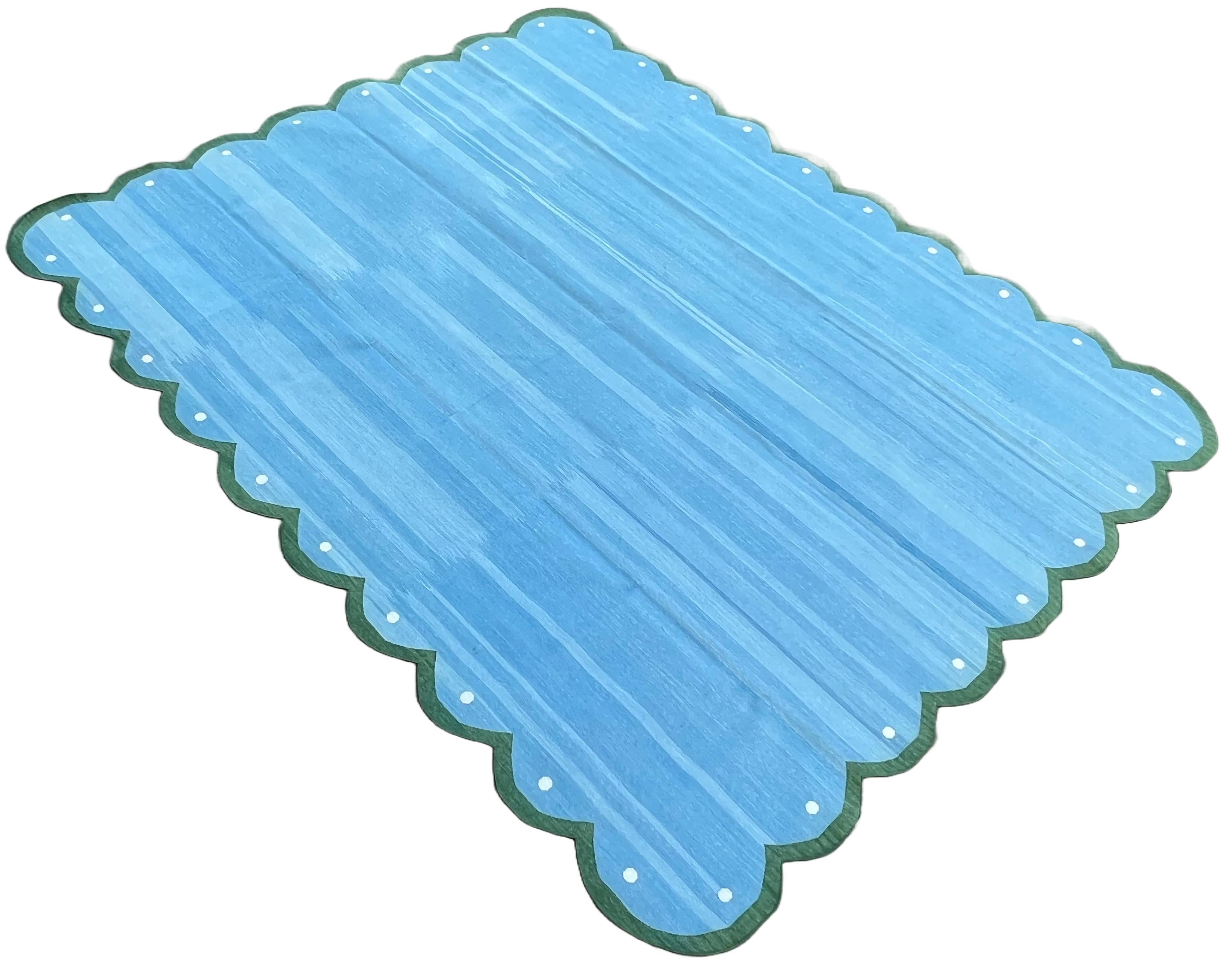 Handmade Cotton Area Flat Weave Rug, Sky Blue And Green Scalloped Indian Dhurrie For Sale 3