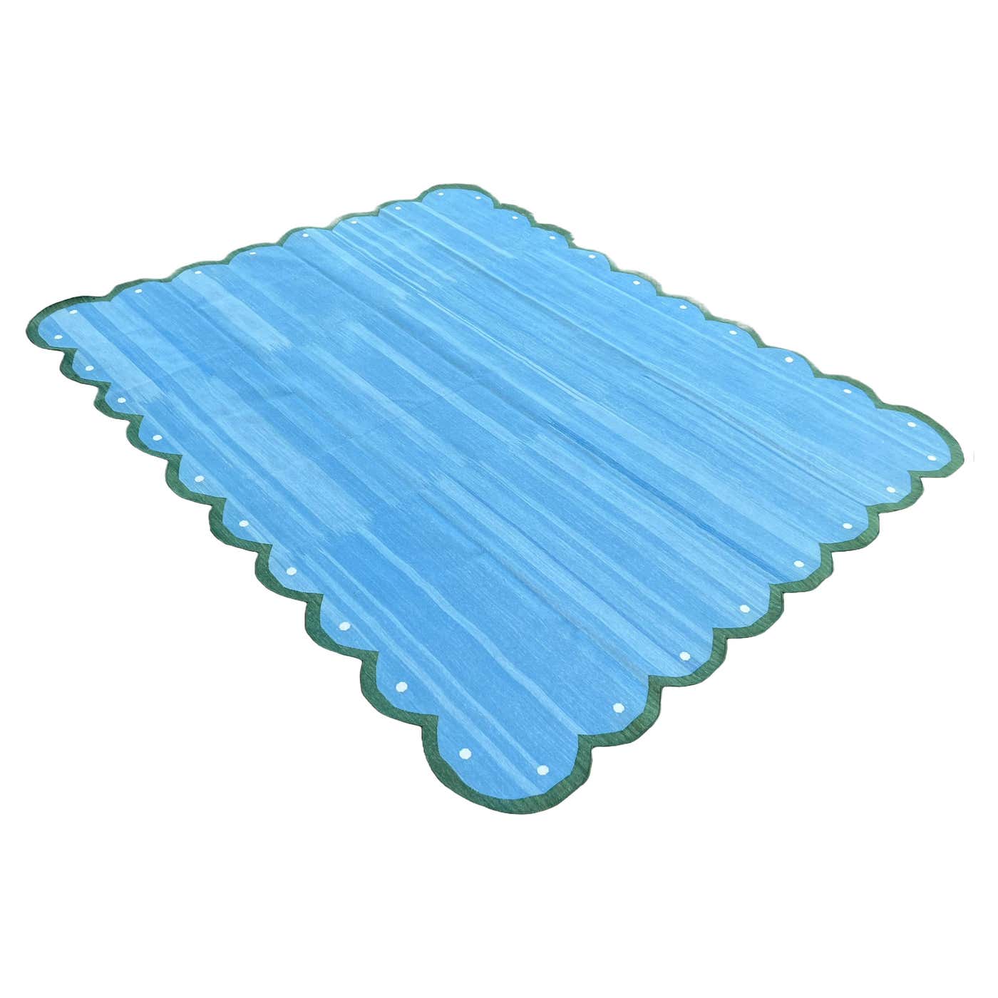 Handmade Cotton Area Flat Weave Rug, Sky Blue And Green Scalloped ...