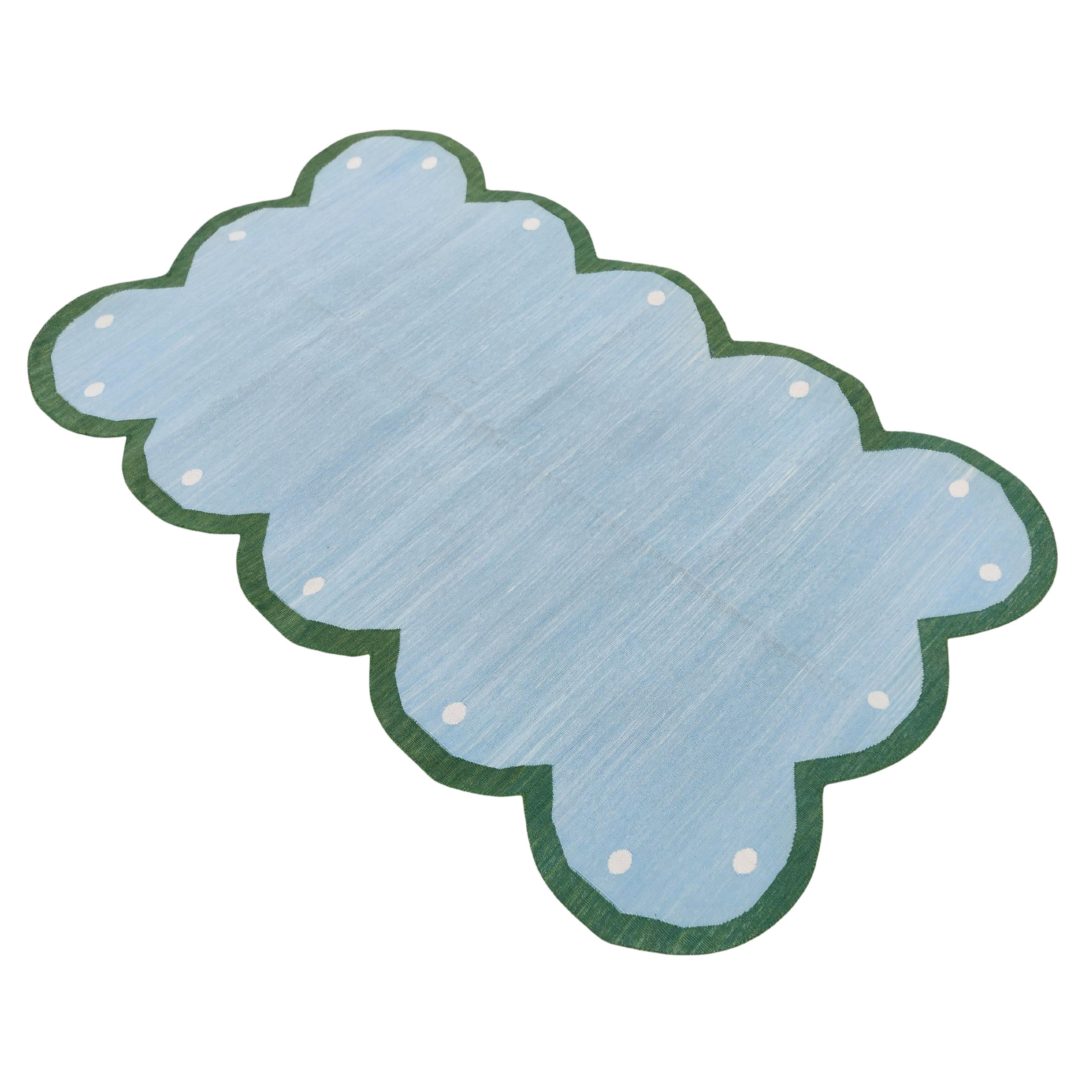 Handmade Cotton Area Flat Weave Rug, Sky Blue And Green Scalloped Indian Dhurrie For Sale