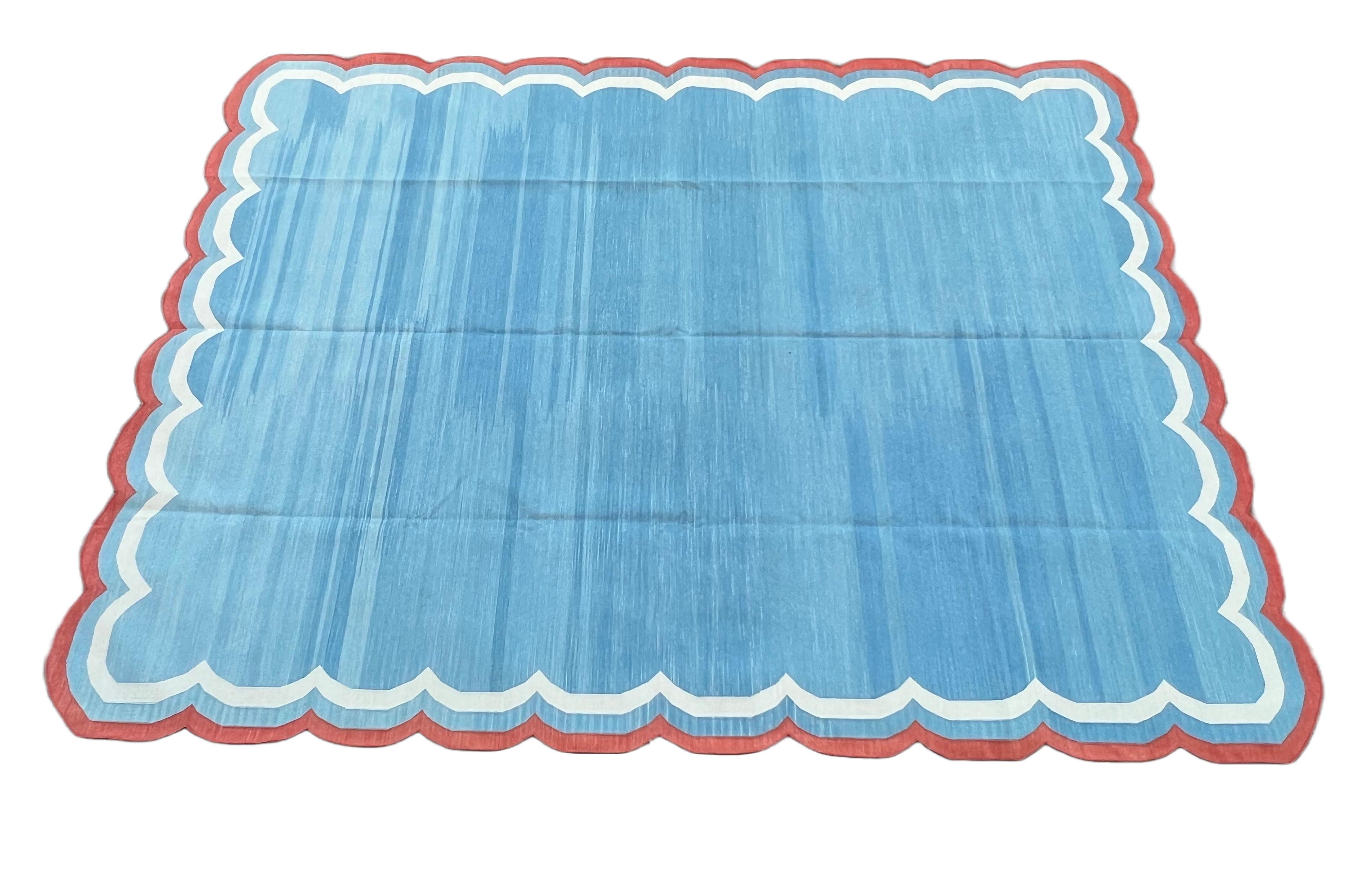 Handmade Cotton Area Flat Weave Rug, Sky Blue And Red Scalloped Indian Dhurrie For Sale 5