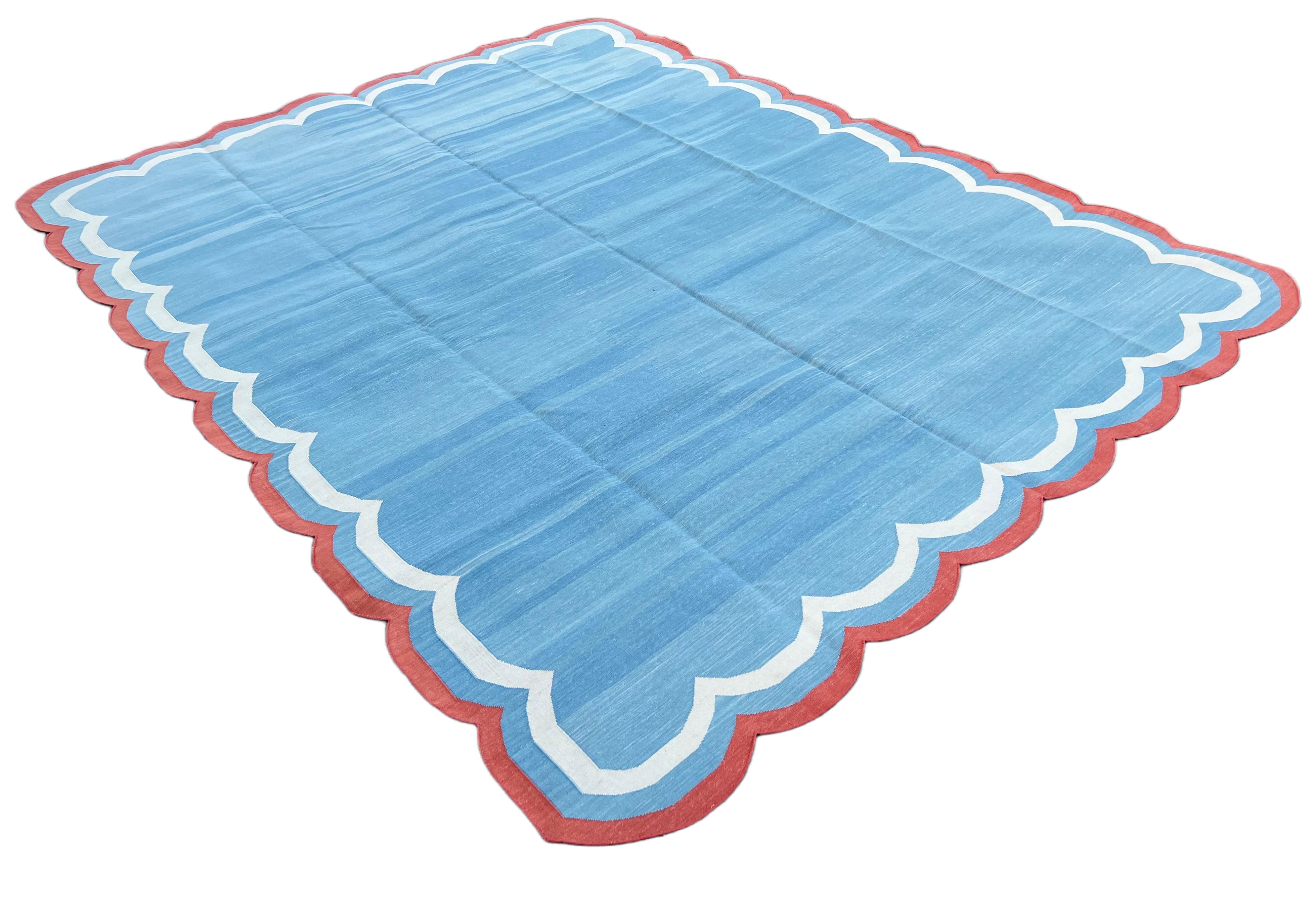 Arts and Crafts Handmade Cotton Area Flat Weave Rug, Sky Blue And Red Scalloped Indian Dhurrie For Sale
